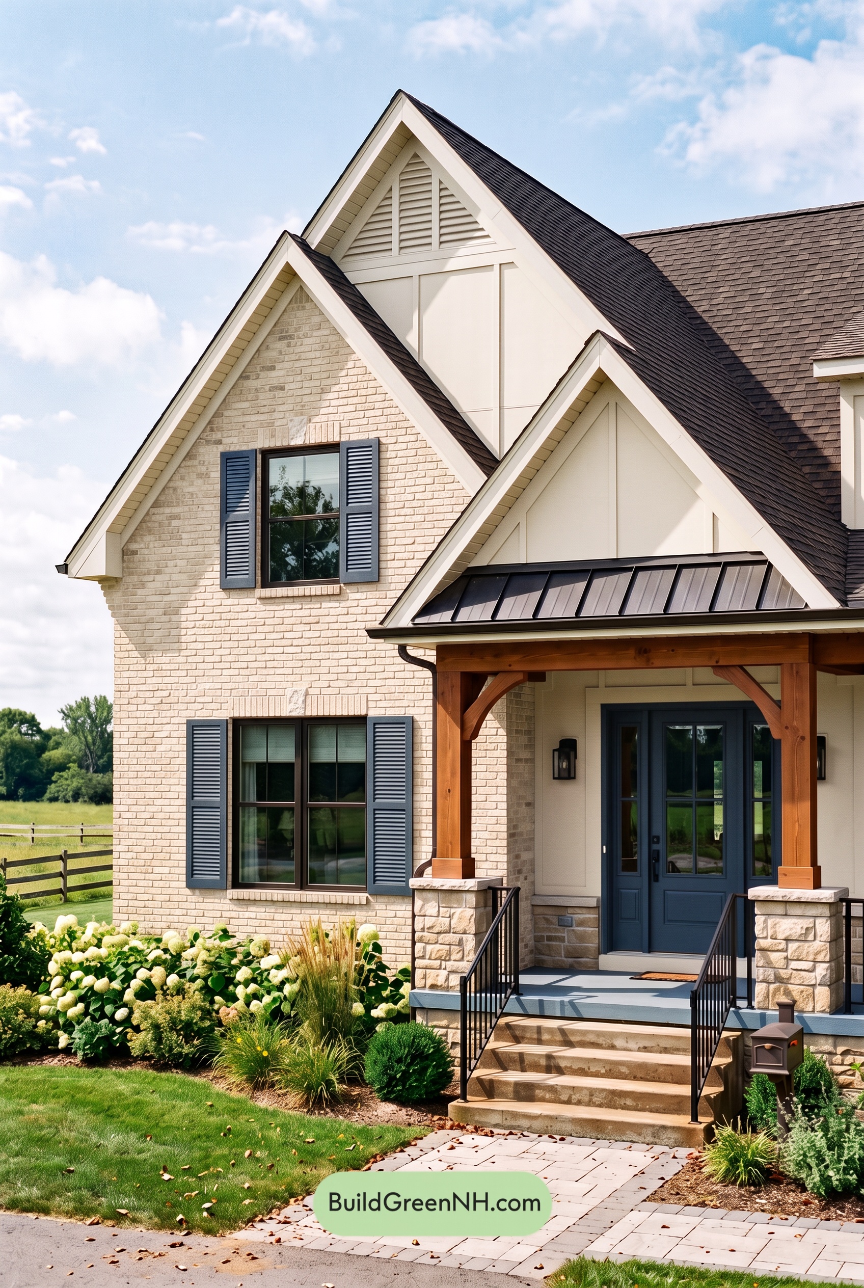 Tan Brick House Exterior Color Scheme: Navy Veranda Calm