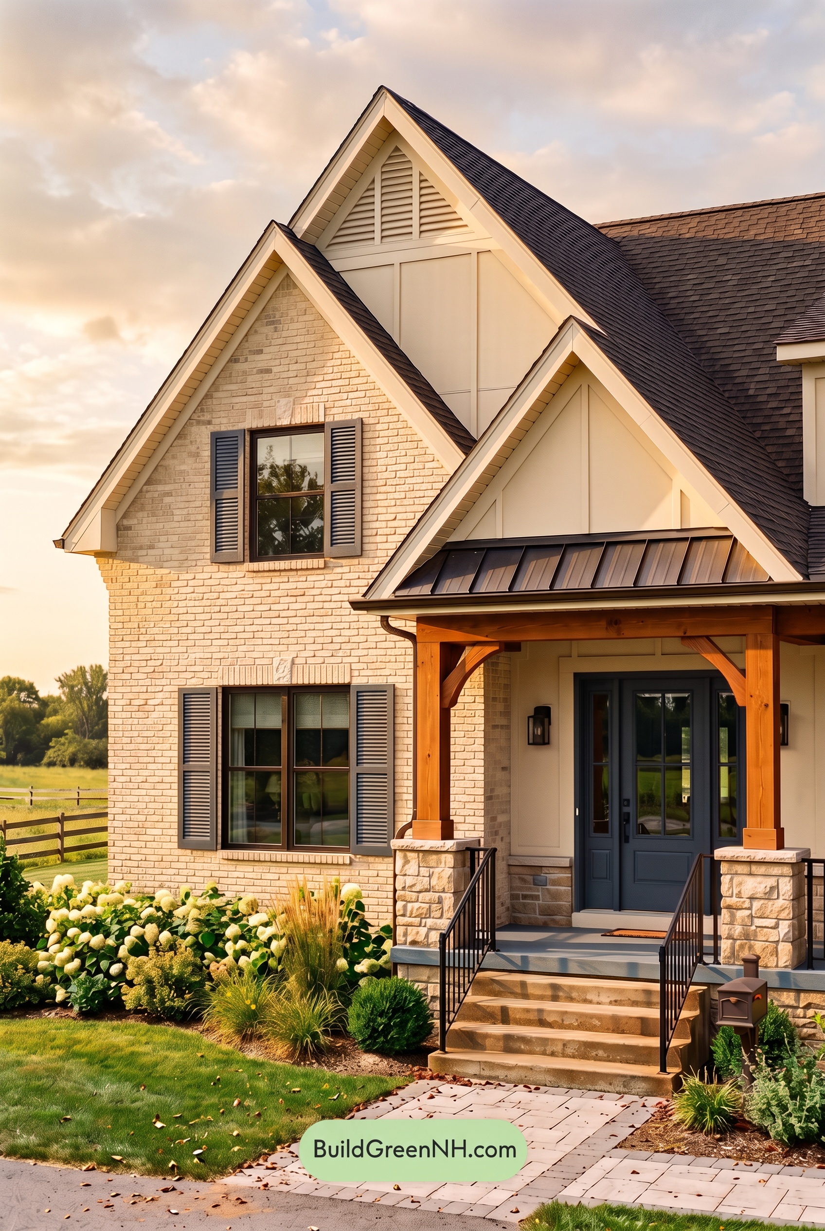 Tan Brick House Exterior Color Scheme: Navy Veranda Calm - Golden Hour