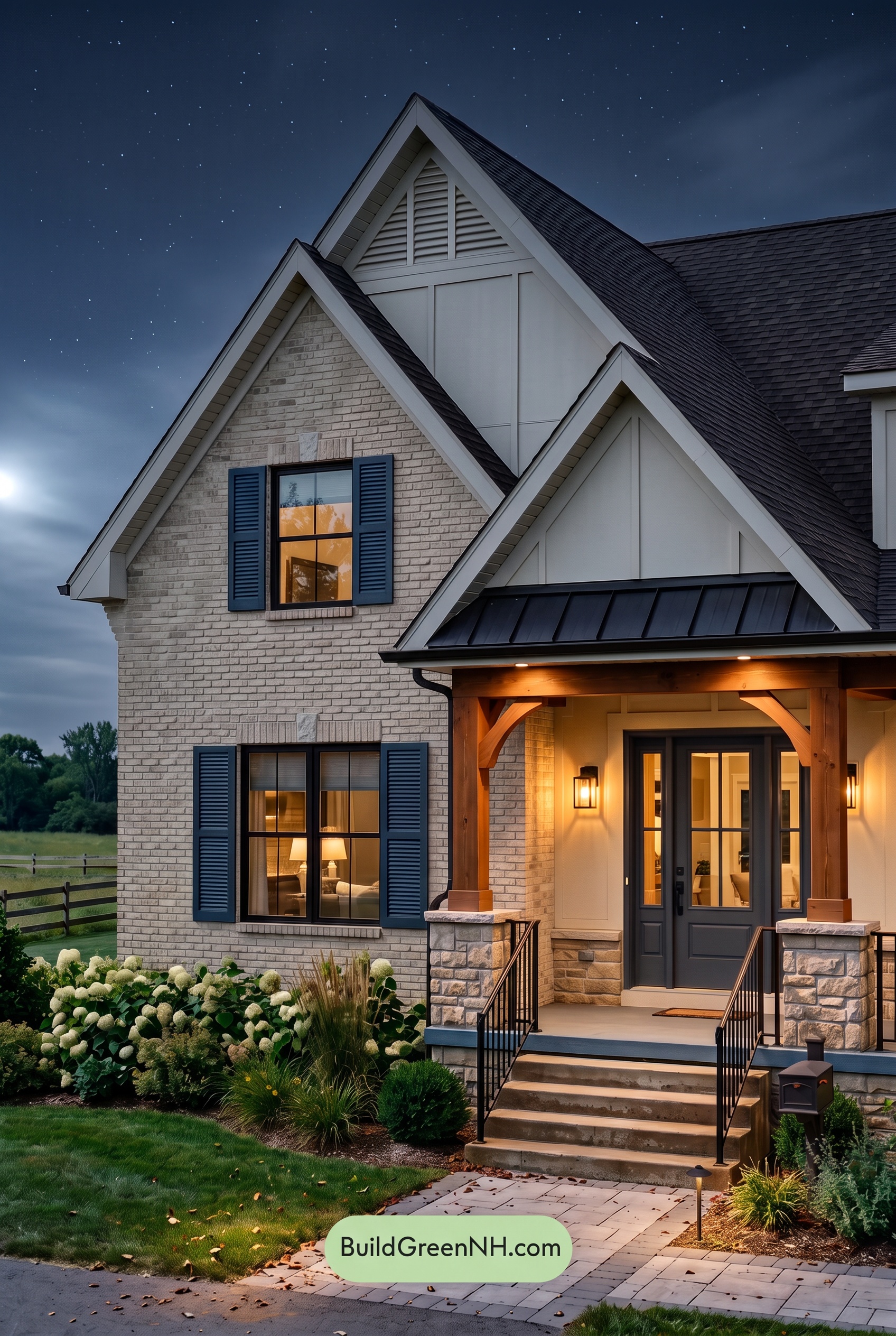 Tan Brick House Exterior Color Scheme: Navy Veranda Calm - Nighttime