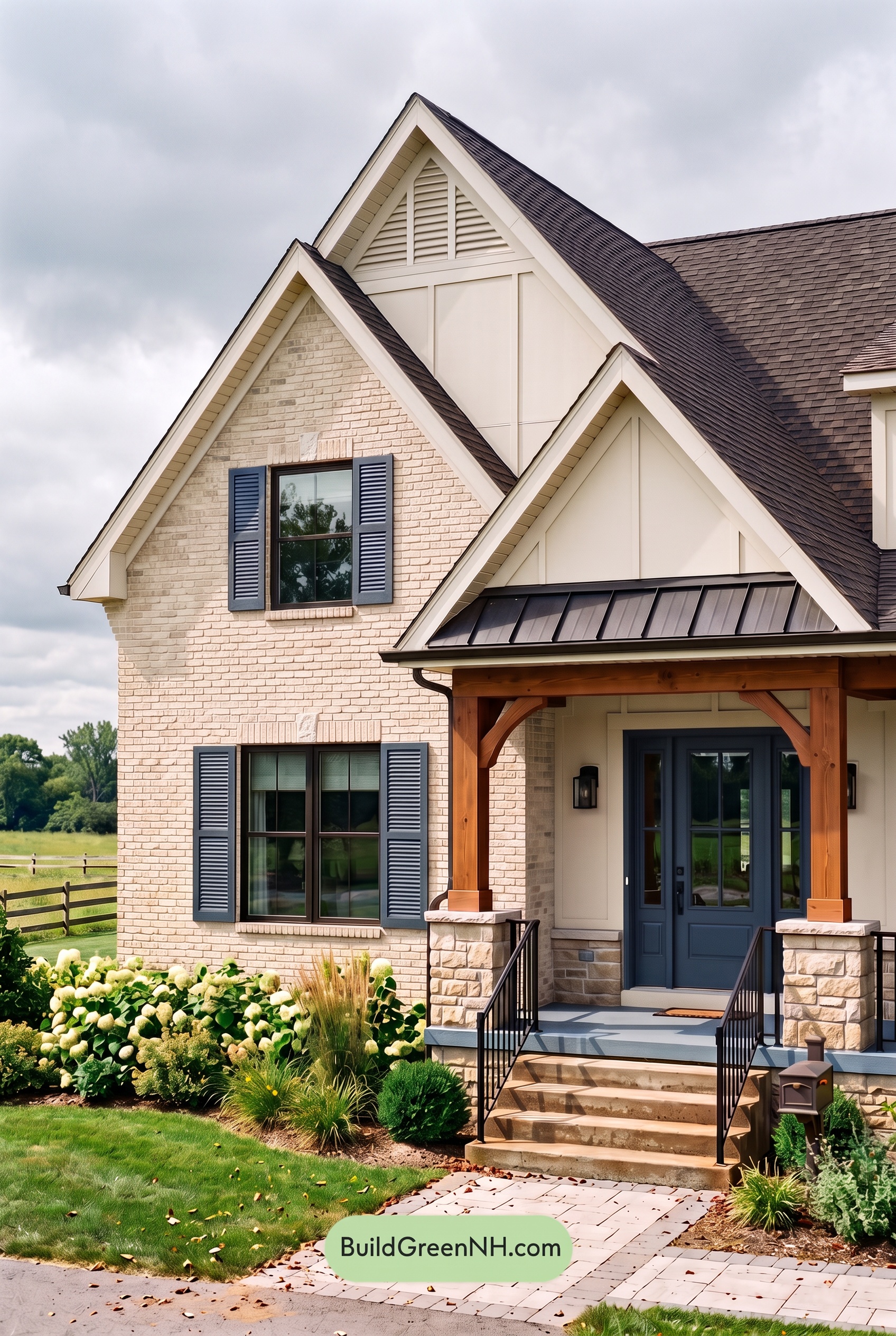 Tan Brick House Exterior Color Scheme: Navy Veranda Calm - Overcast