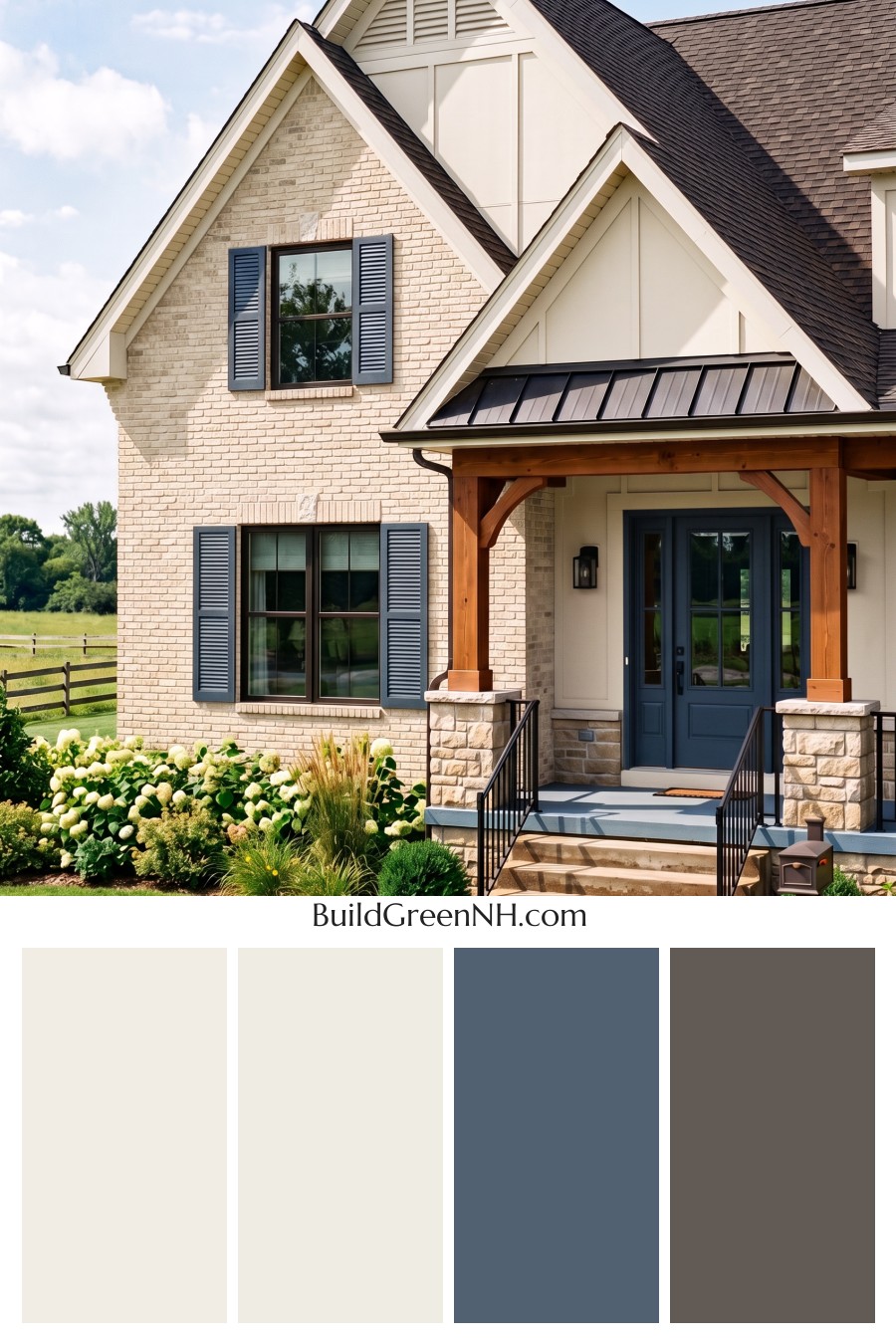 Tan Brick House Exterior Color Scheme: Navy Veranda Calm