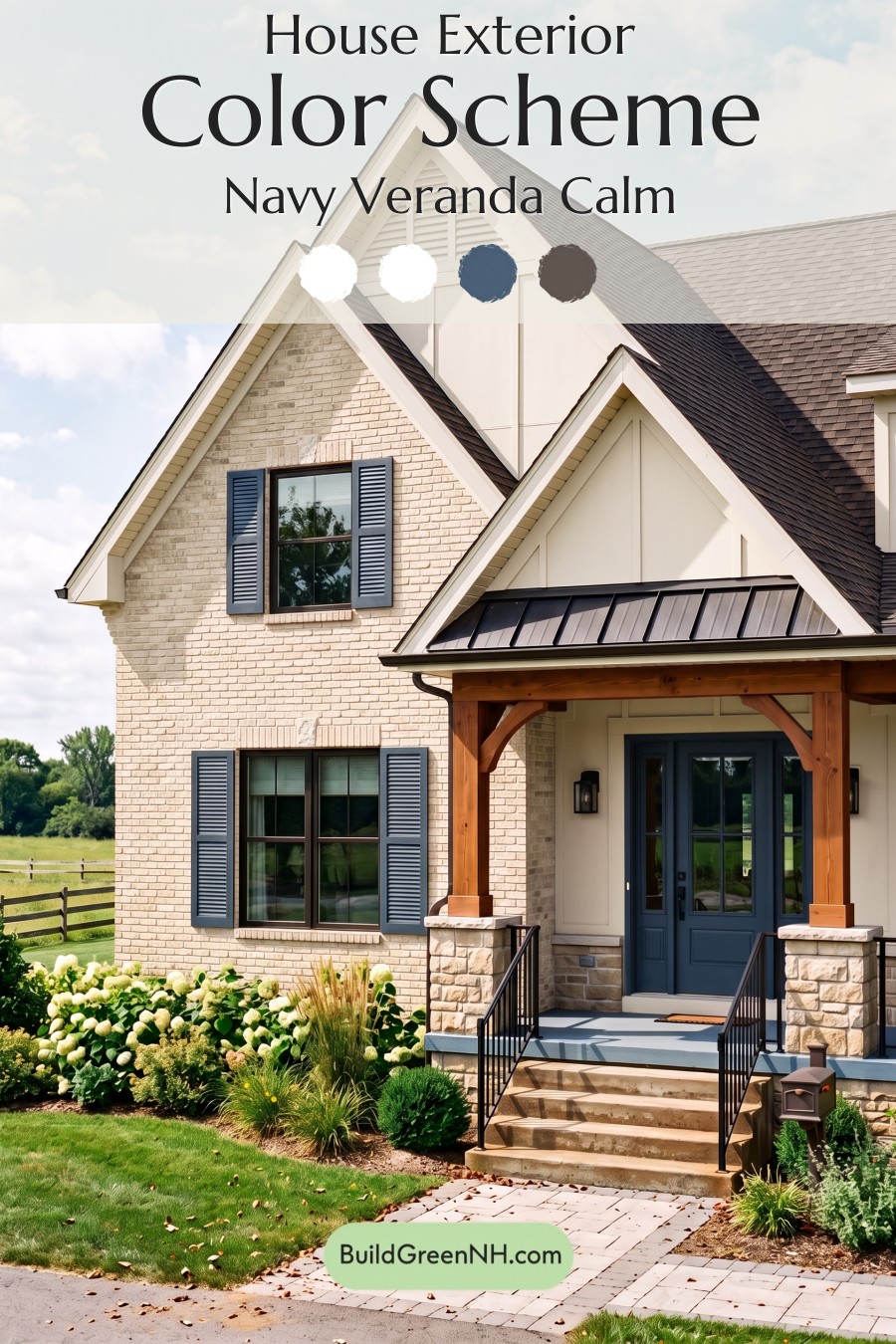 Tan Brick House Exterior Color Scheme: Navy Veranda Calm