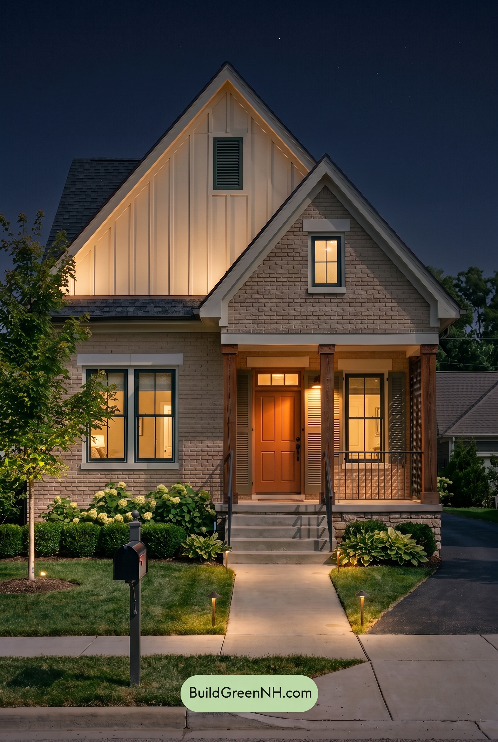 Tan Brick House Exterior Color Scheme: Pine Casement Poise - Nighttime