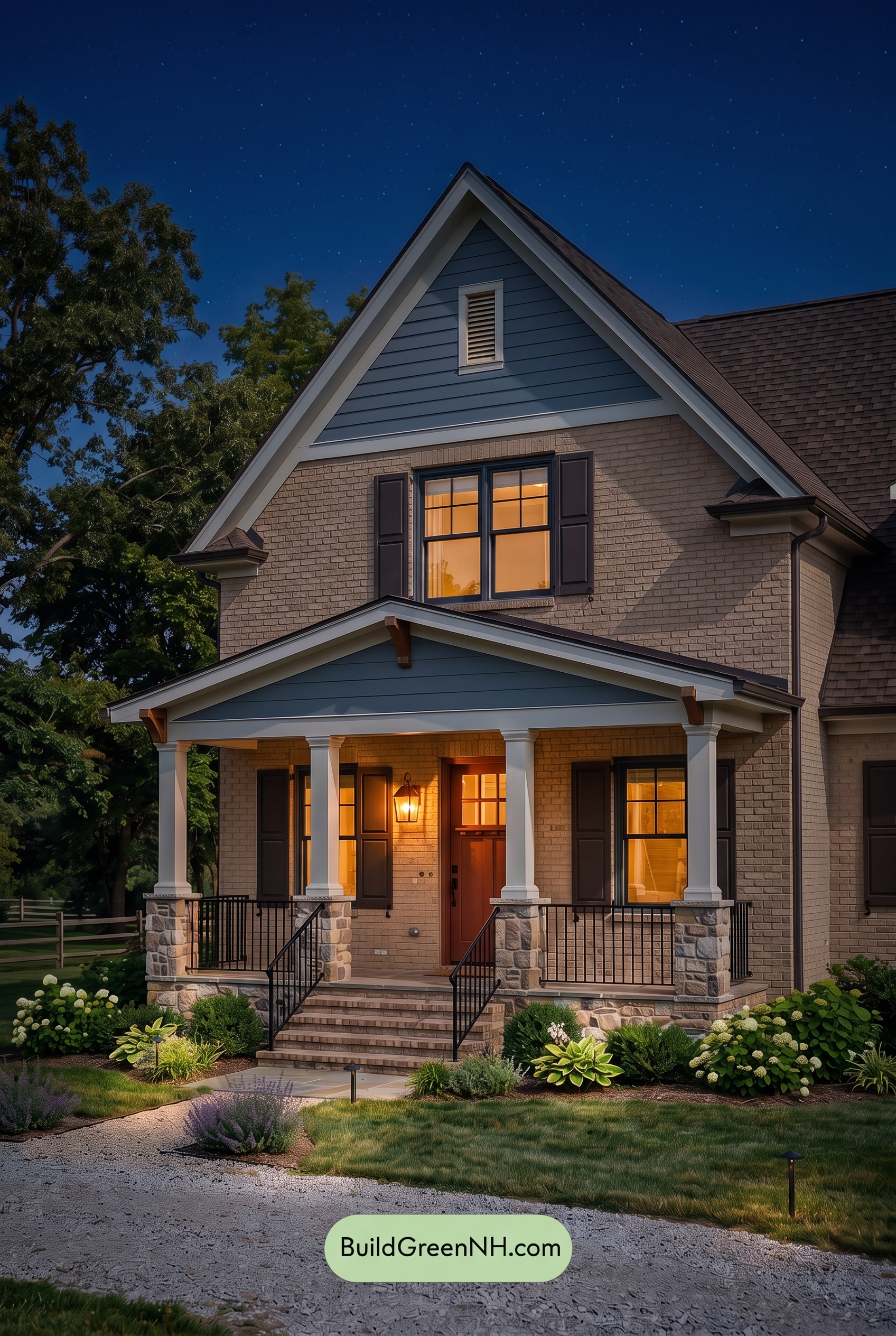 Tan Brick House Exterior Color Scheme: Prairie Lantern Verse - Nighttime