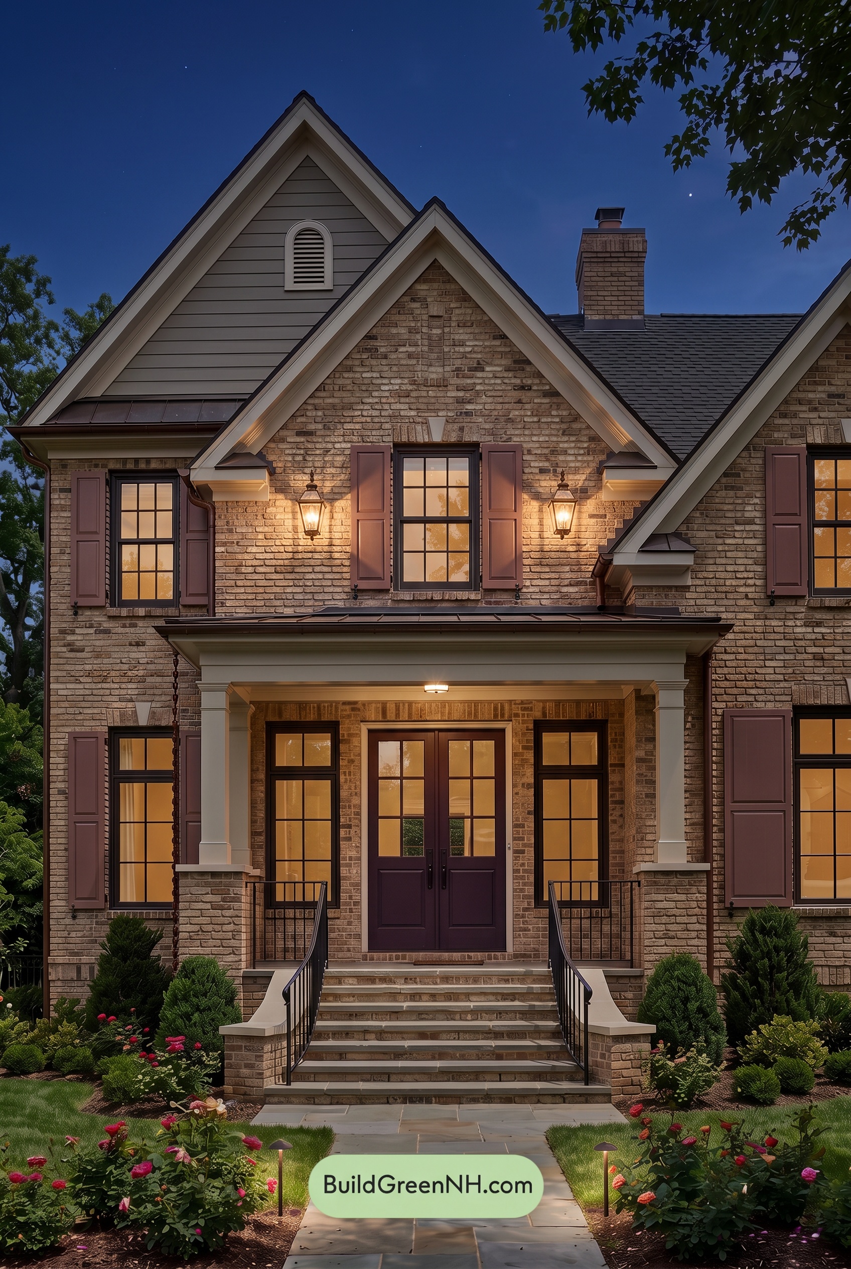 Tan Brick House Exterior Color Scheme: Rosewood Arrival - Nighttime