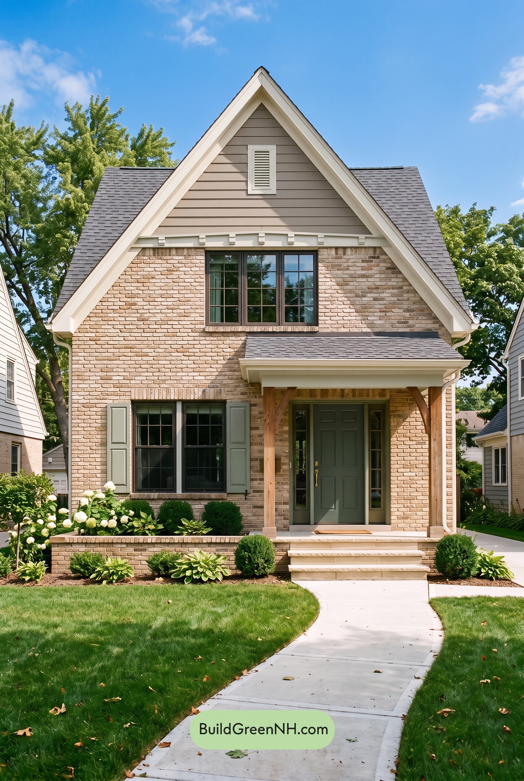 Tan Brick House Exterior Color Scheme: Sage Gable Solace