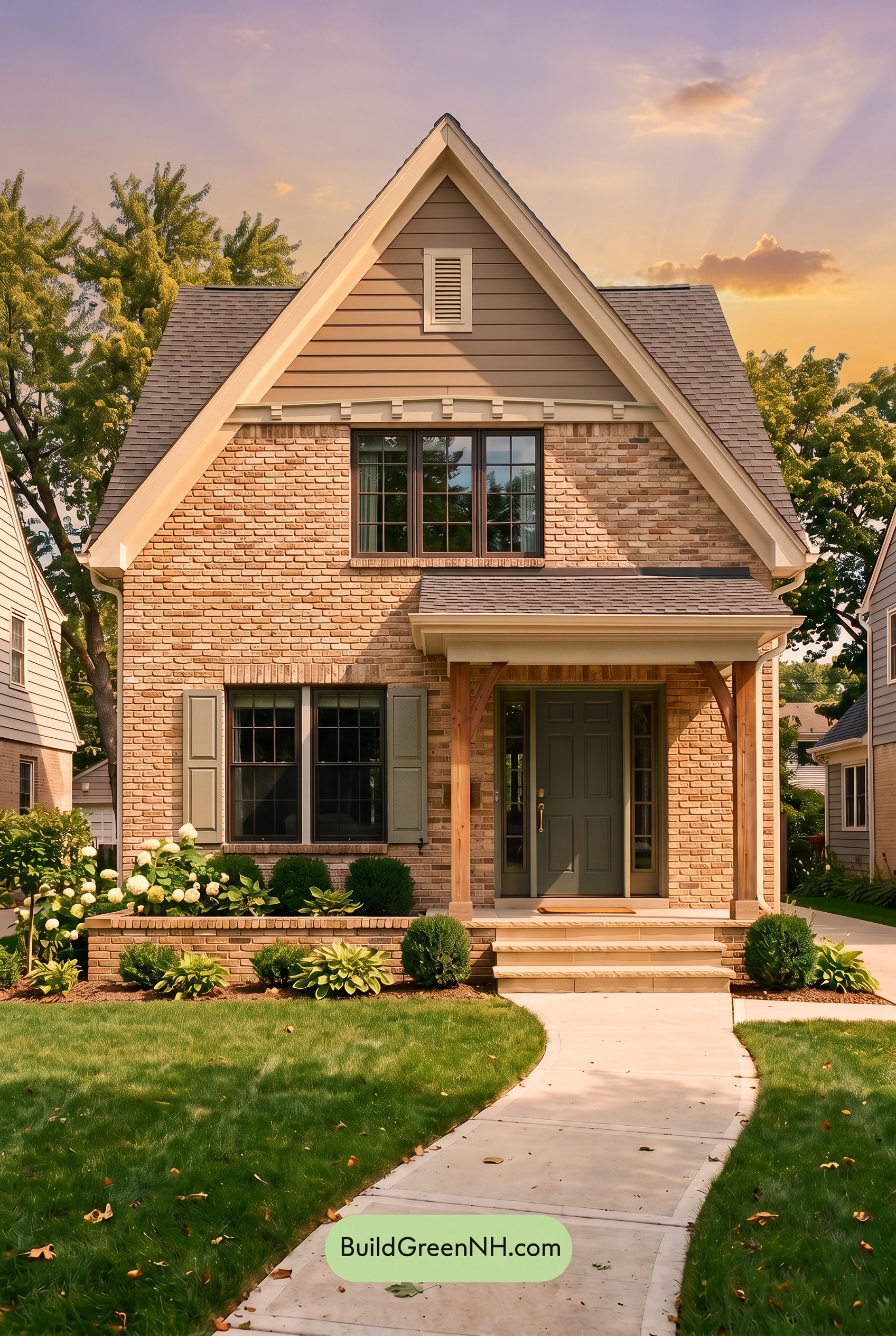 Tan Brick House Exterior Color Scheme: Sage Gable Solace - Golden Hour