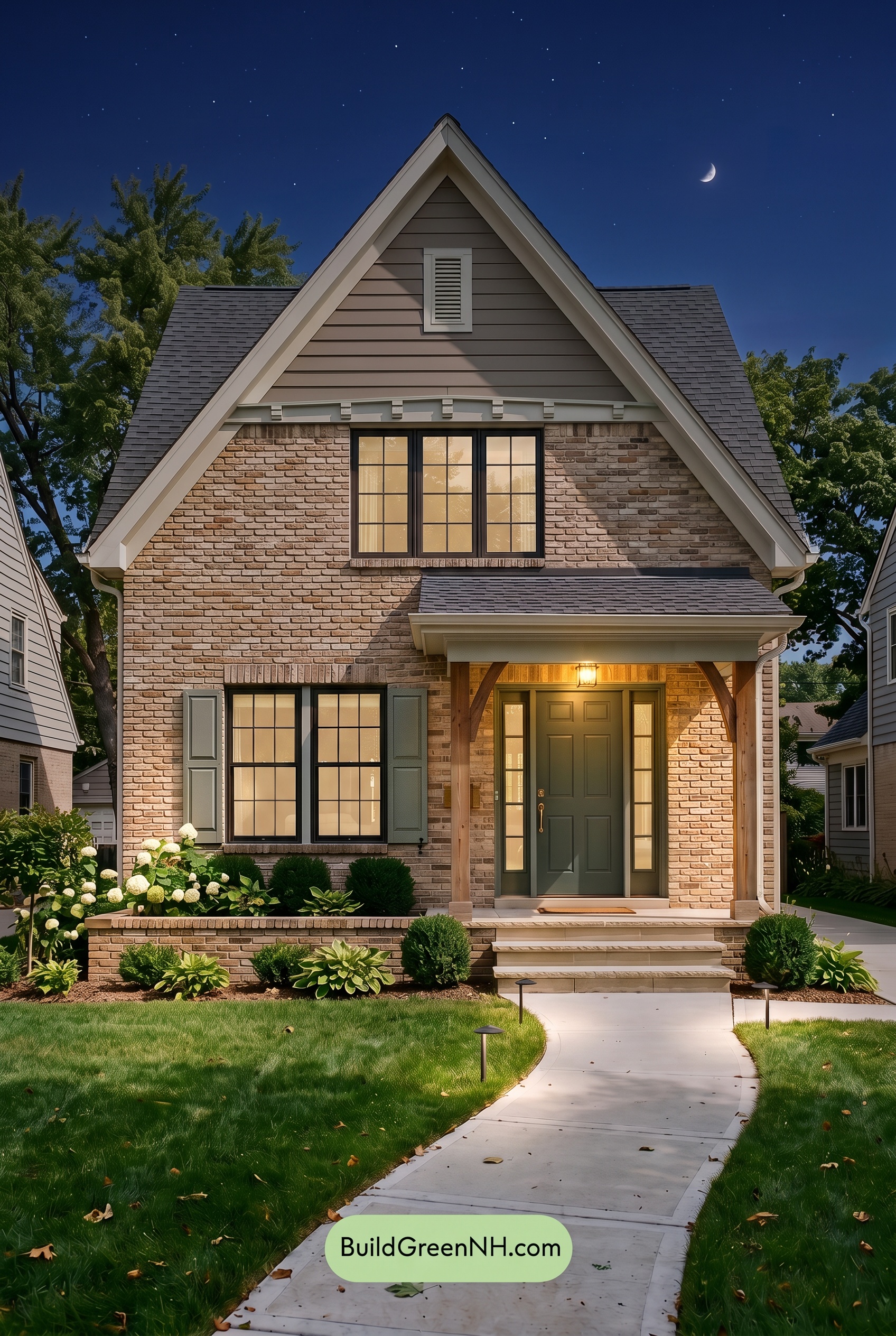 Tan Brick House Exterior Color Scheme: Sage Gable Solace - Nighttime