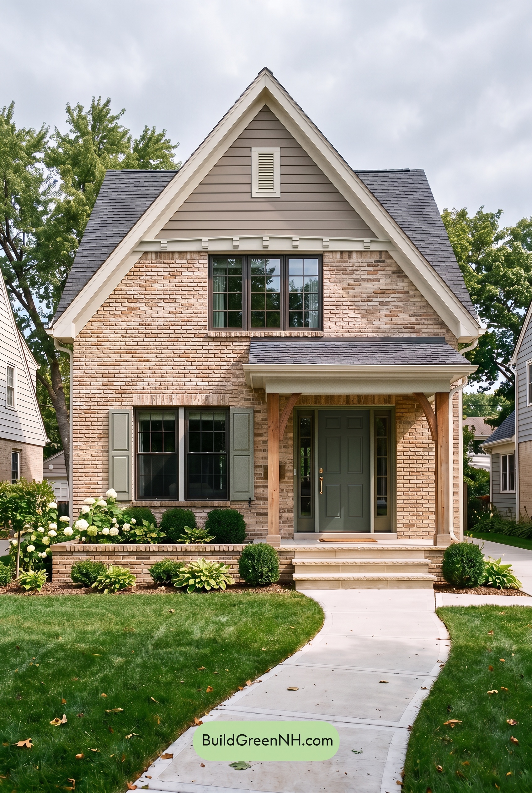 Tan Brick House Exterior Color Scheme: Sage Gable Solace - Overcast