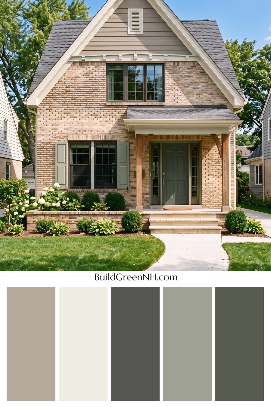 Tan Brick House Exterior Color Scheme: Sage Gable Solace