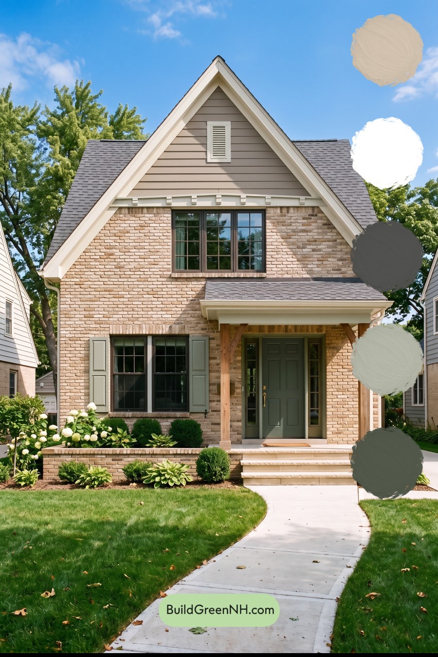 Tan Brick House Exterior Color Scheme: Sage Gable Solace