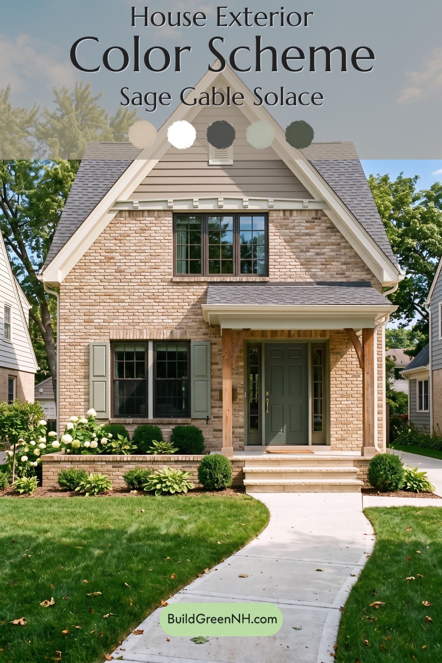 Tan Brick House Exterior Color Scheme: Sage Gable Solace