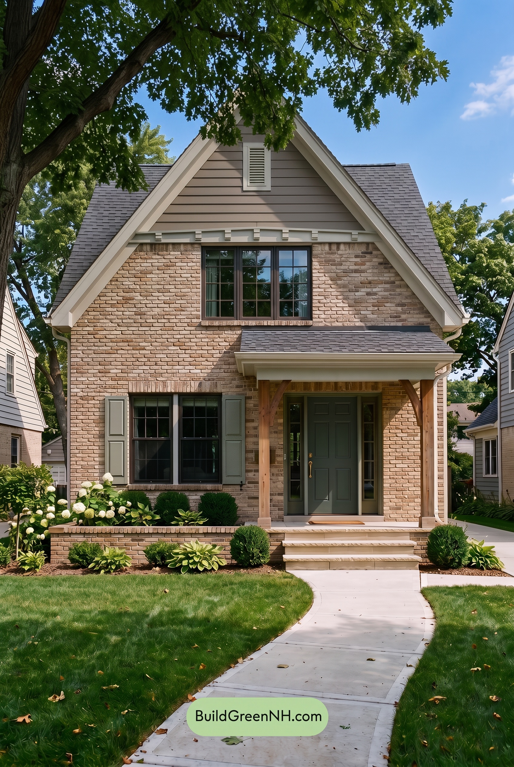 Tan Brick House Exterior Color Scheme: Sage Gable Solace - Shade