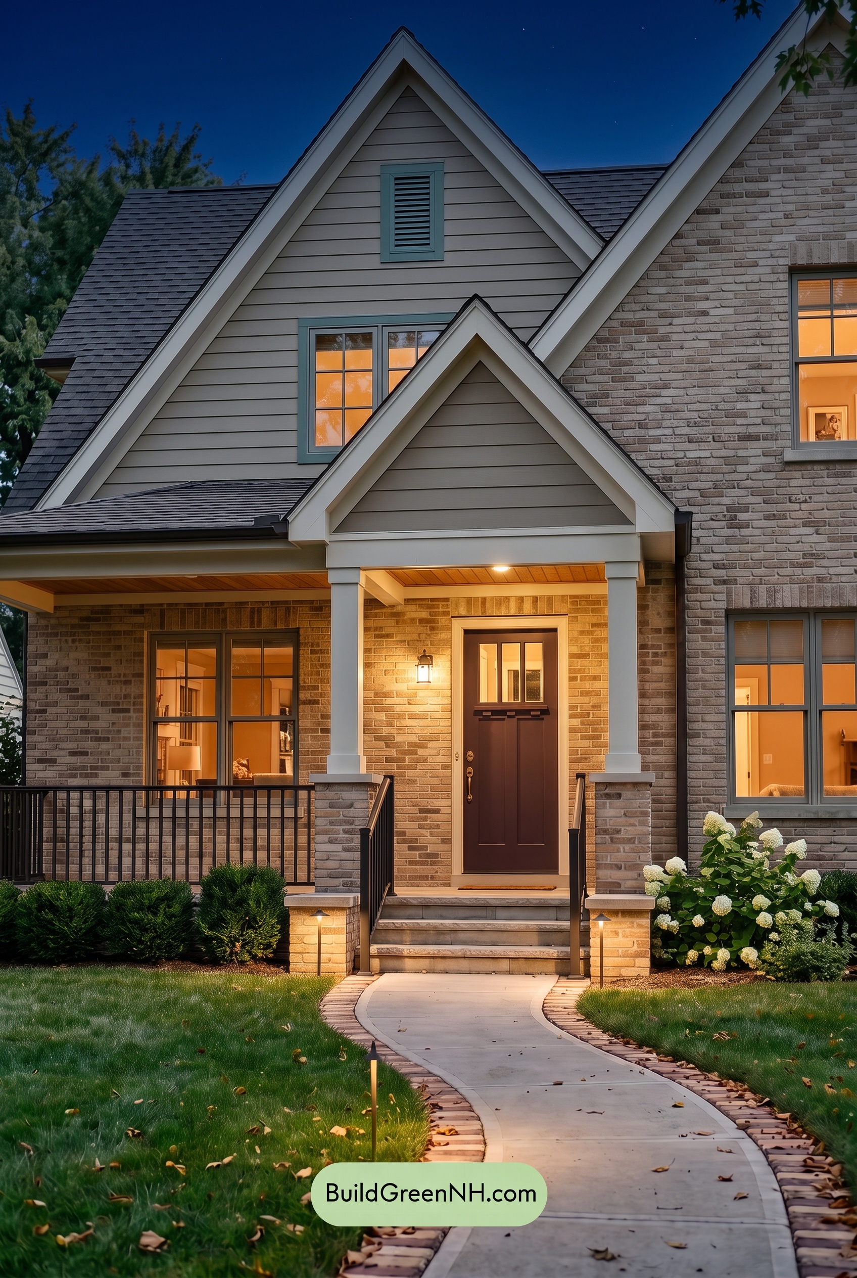 Tan Brick House Exterior Color Scheme: Velvet Threshold - Nighttime