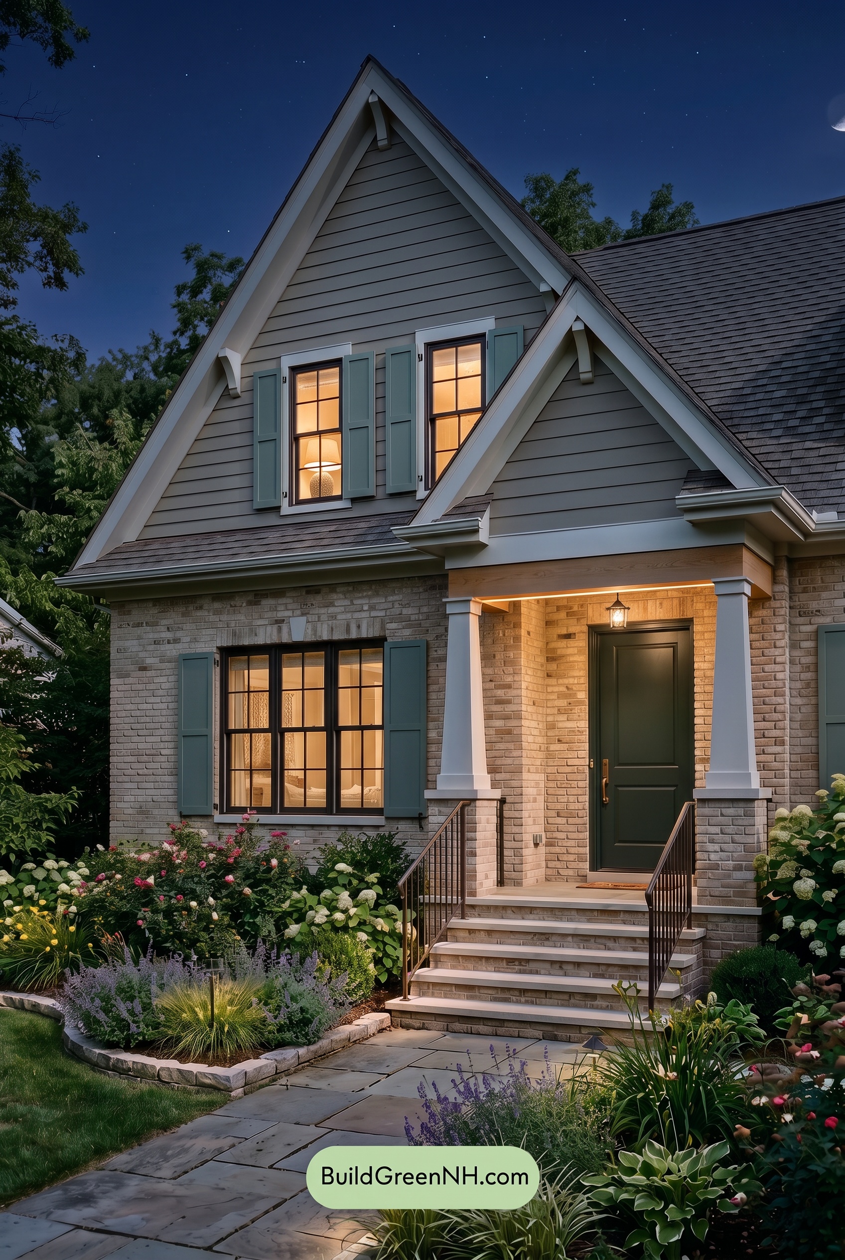 Tan Brick House Exterior Color Scheme: Willow Porch Note - Nighttime