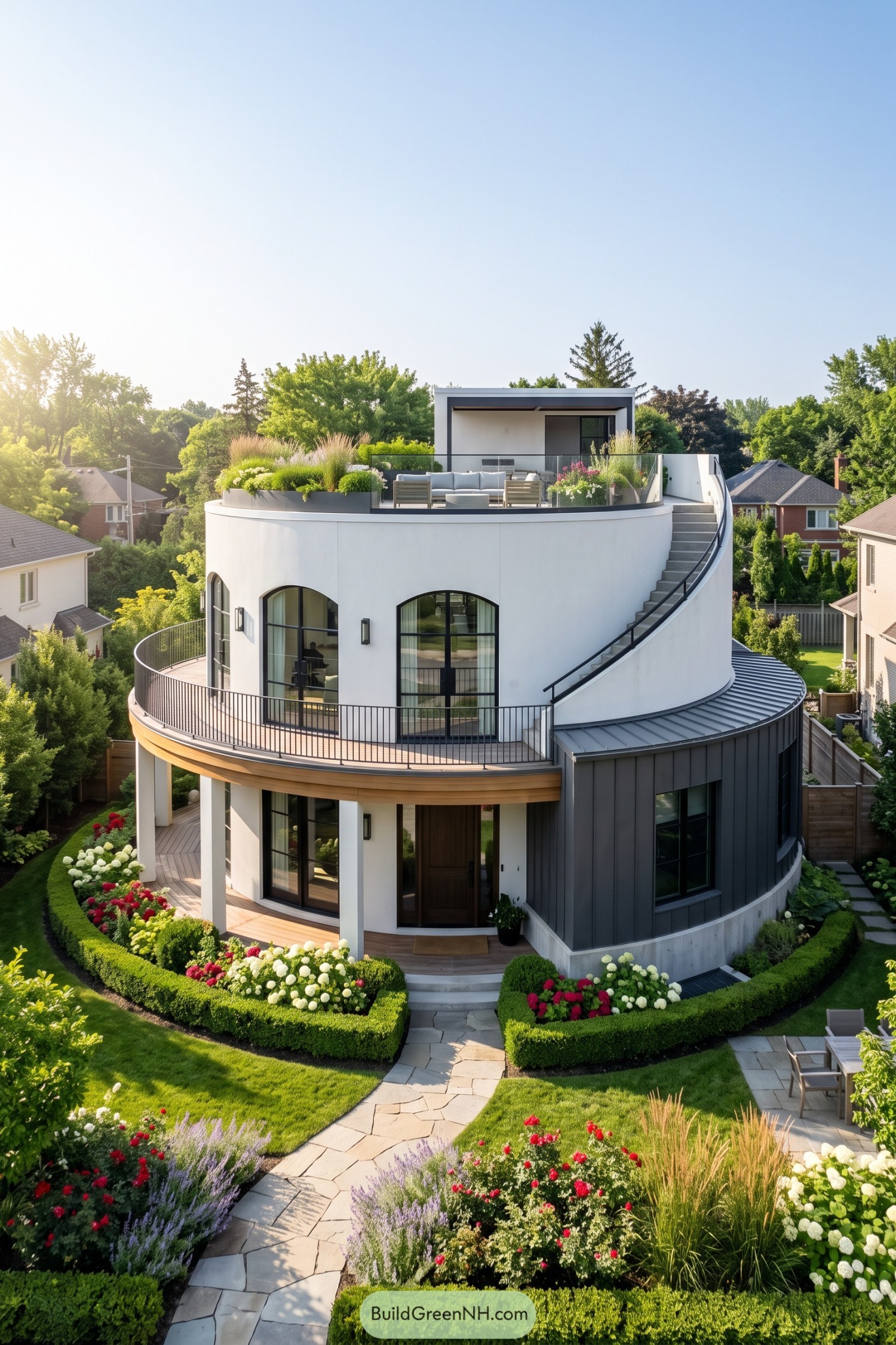 Three-story circular home with curved balconies rooftop terrace and external stair