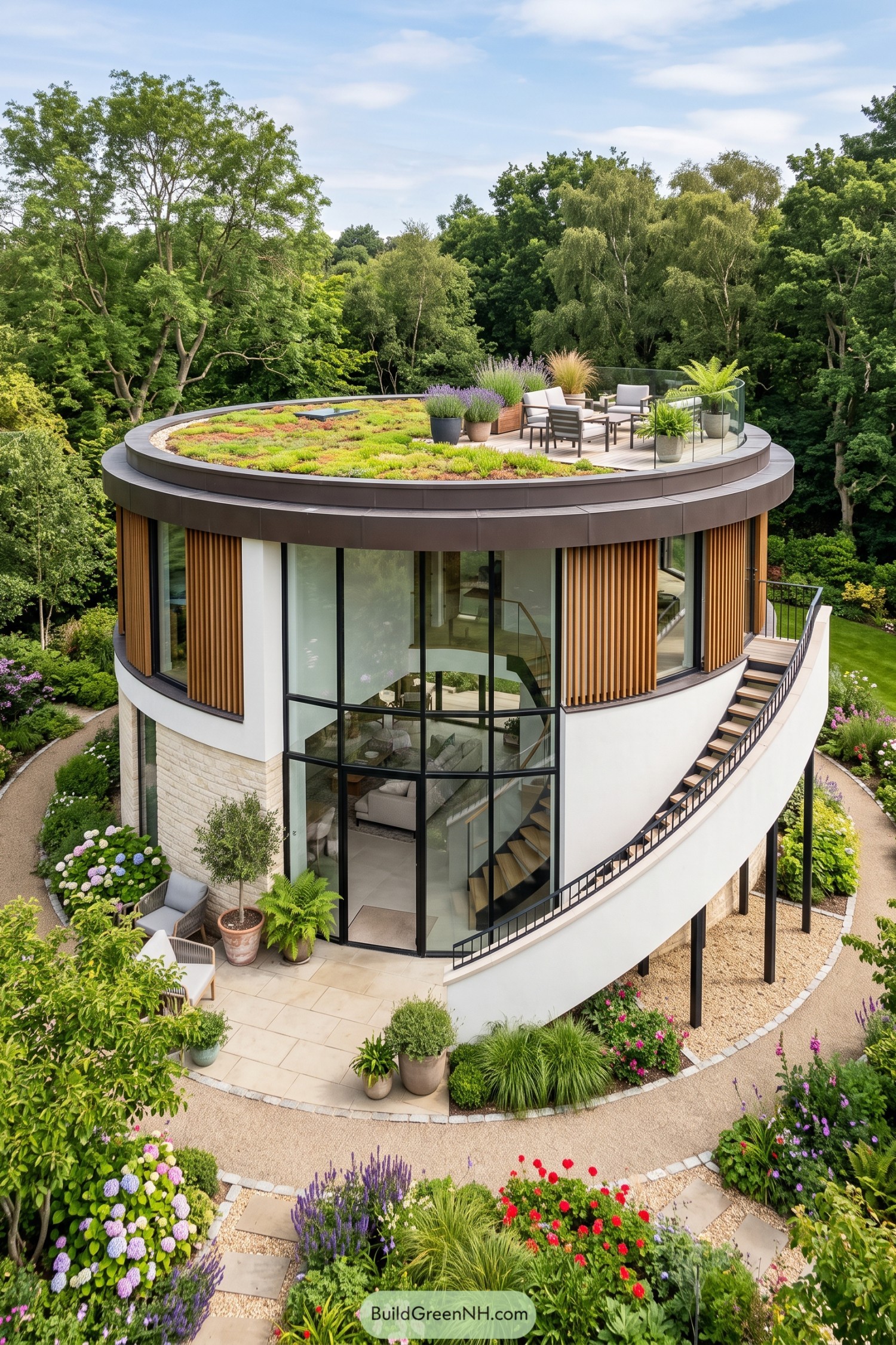 Circular home with a planted rooftop terrace