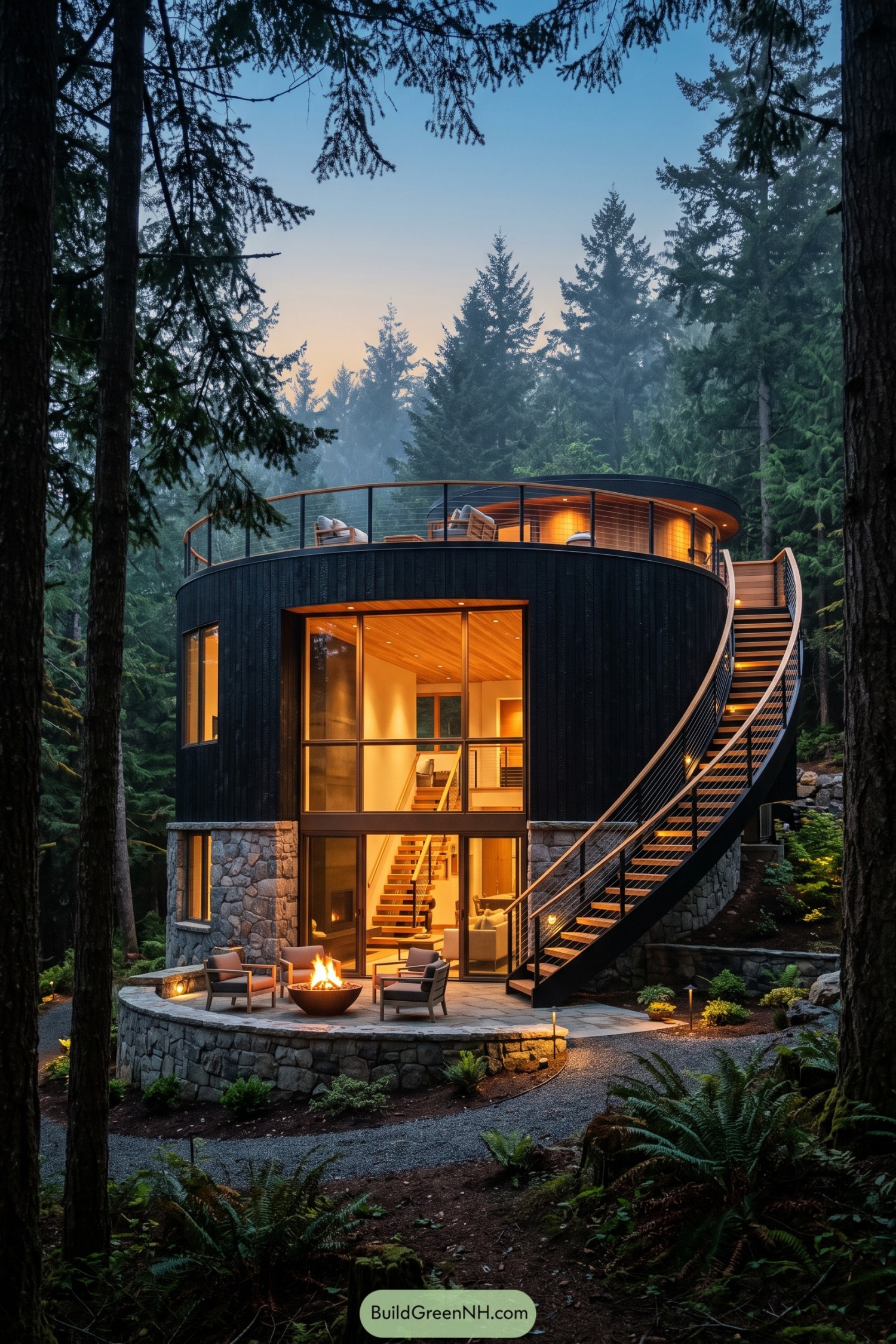 Round forest home with curved stair and rooftop deck