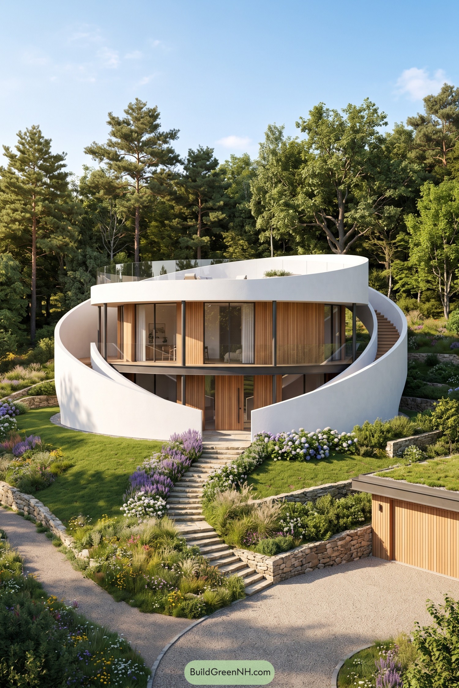 Two-story round home with a sweeping white staircase in a woodland garden