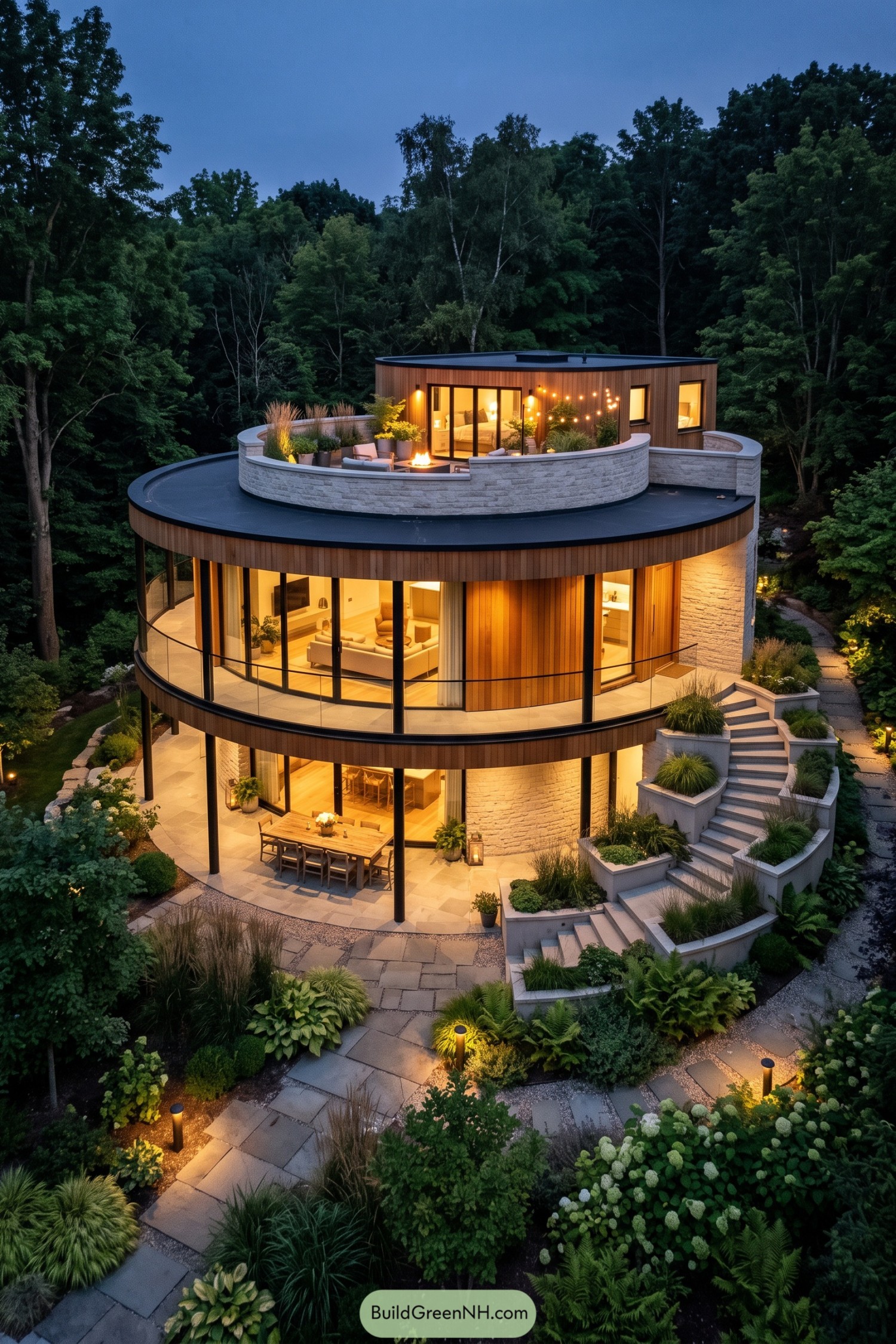 Three level circular home with glass walls and rooftop terrace in a forest