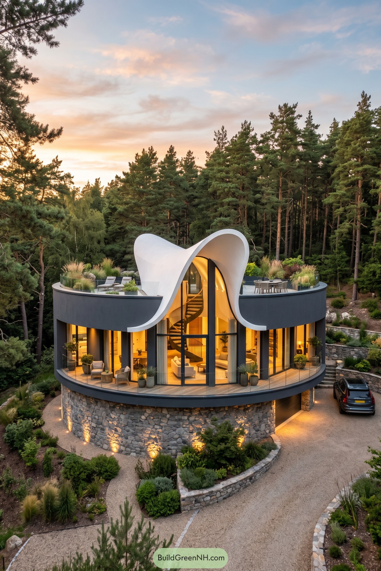 Circular woodland home with sculptural white roof petals and glazed walls