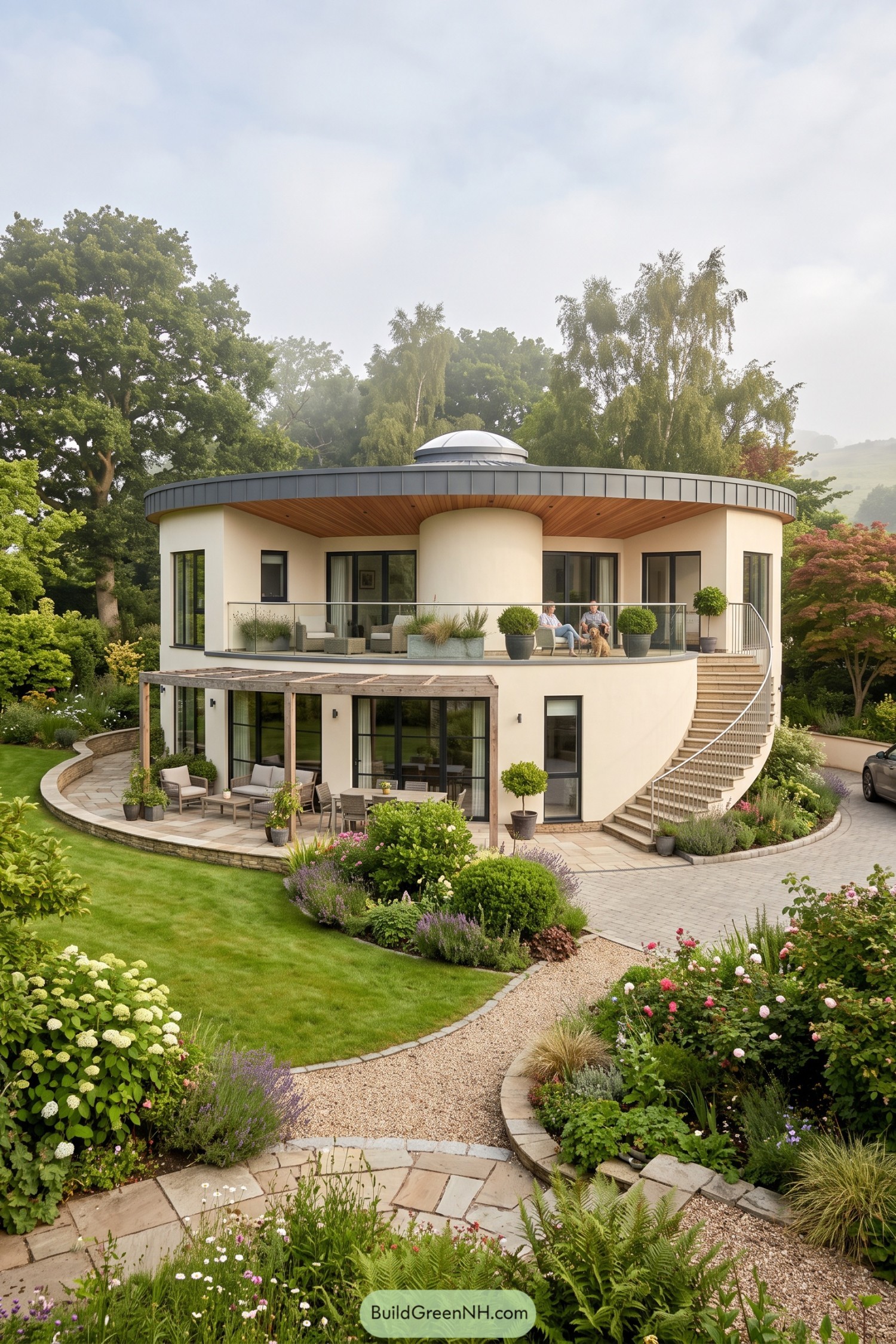 Two-story circular home with curved terrace and exterior staircase