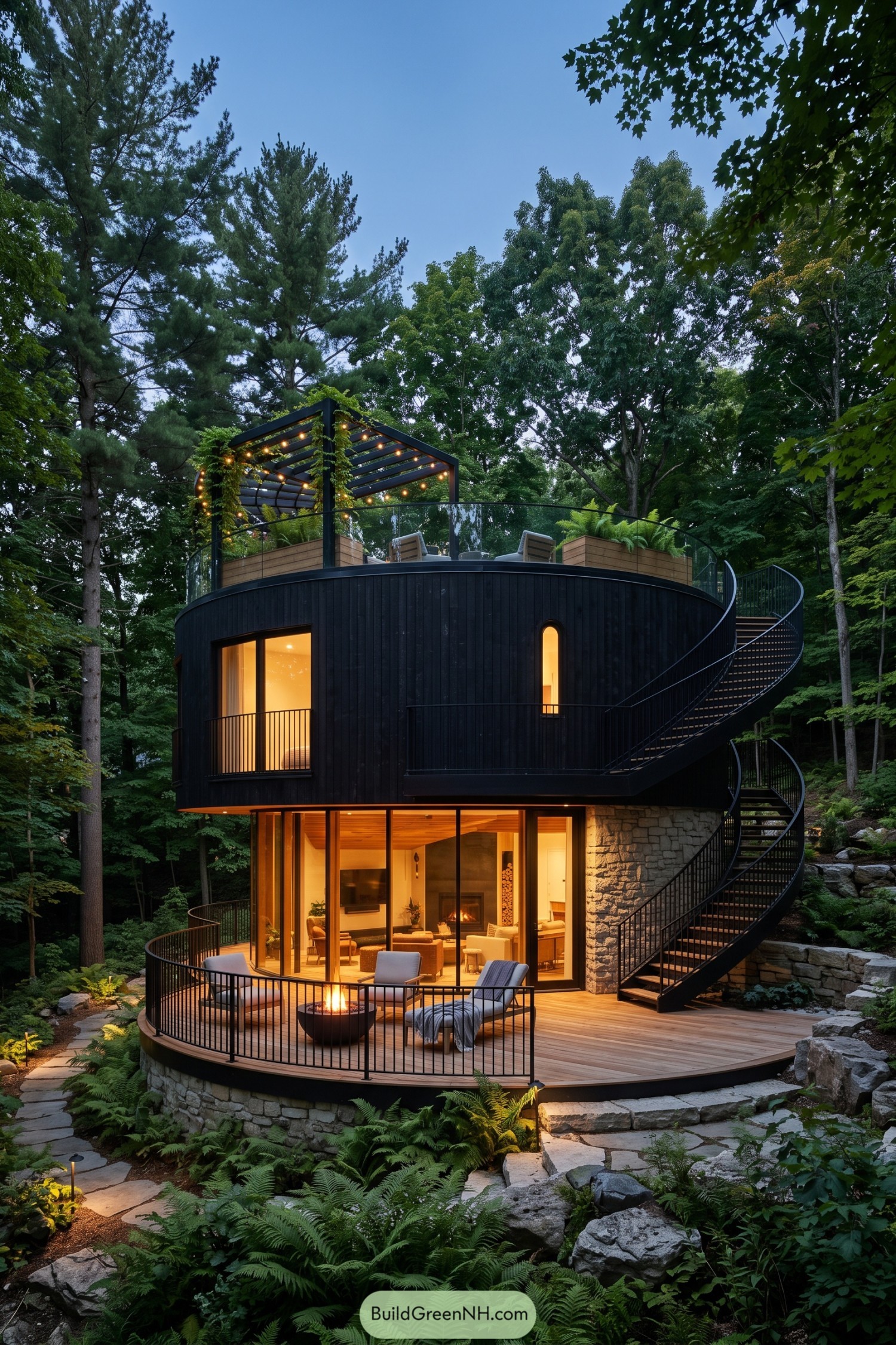 Black circular woodland home with spiral stair and rooftop terrace