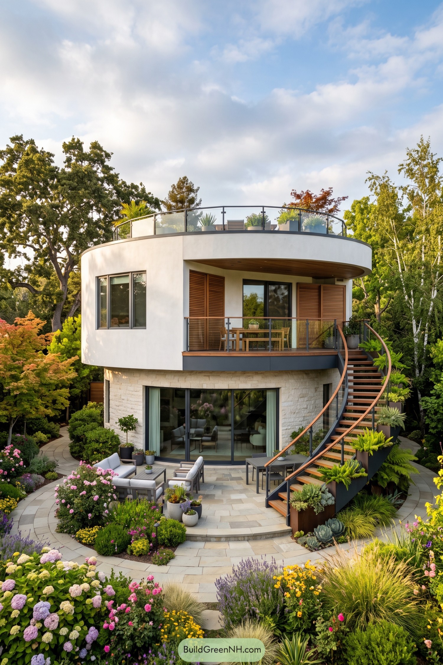 Two-story circular villa with a sweeping exterior staircase and lush garden patio