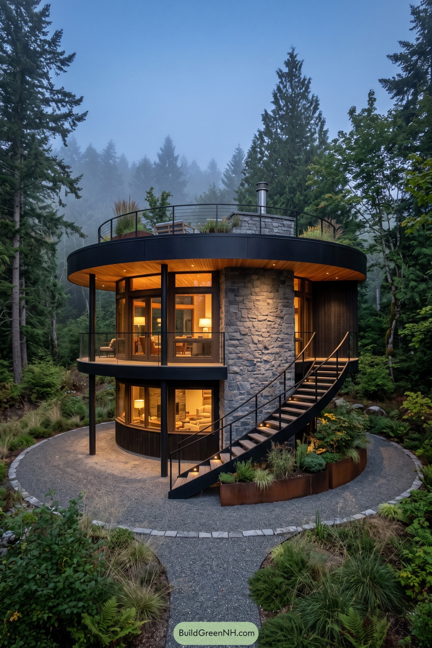 Round forest home with a stone core and curved stair