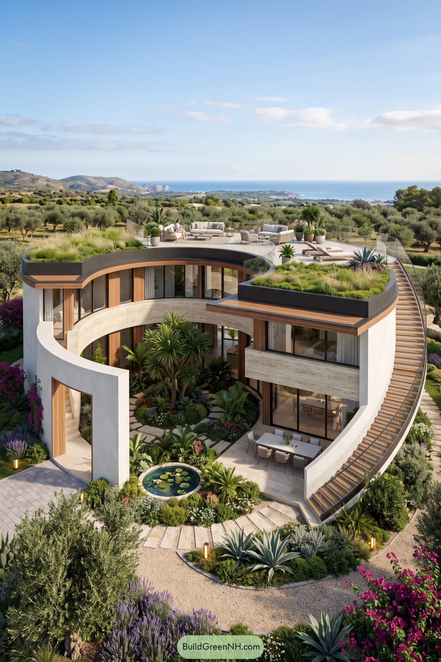 Circular coastal home with planted roof terraces and sweeping exterior stair
