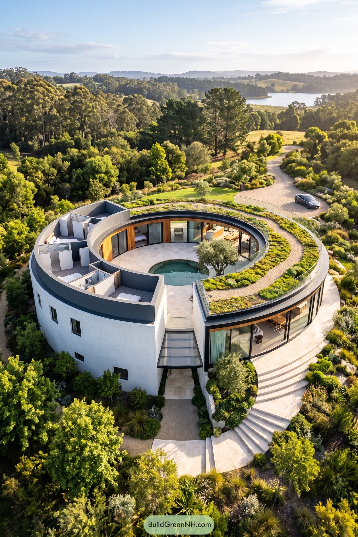 Circular residence with a planted roof and central pool