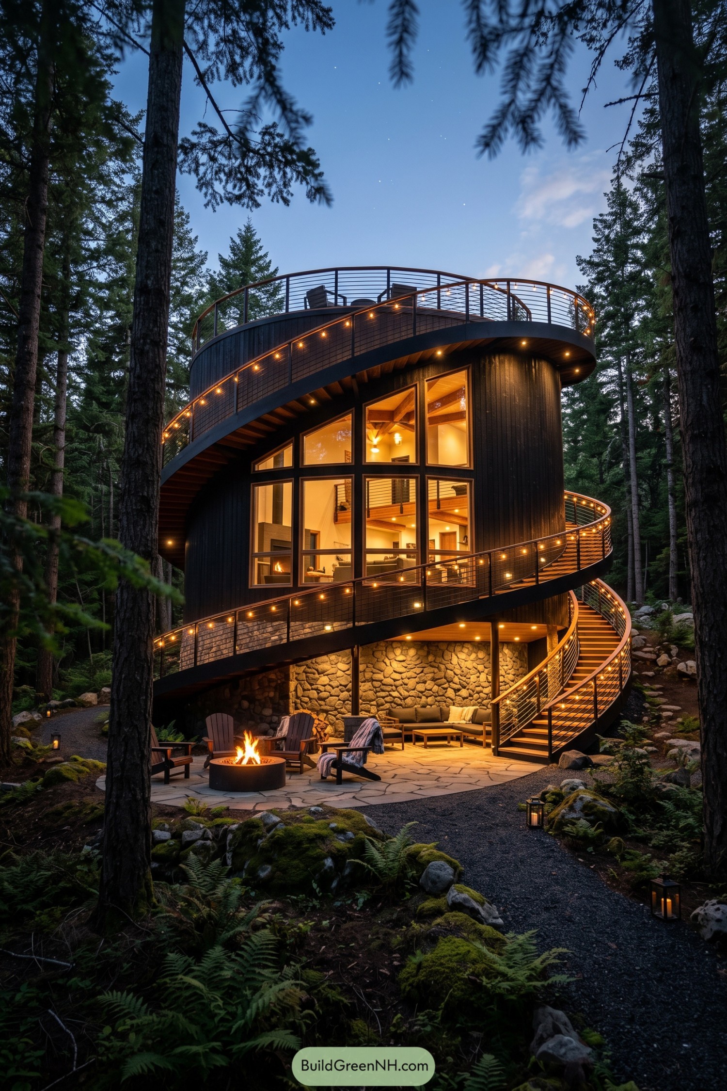 Circular forest home with illuminated spiral terrace