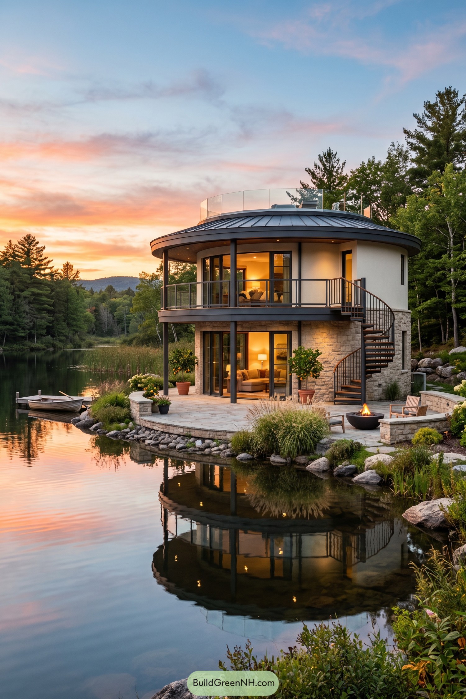 Two-story circular home beside a pond with rooftop terrace