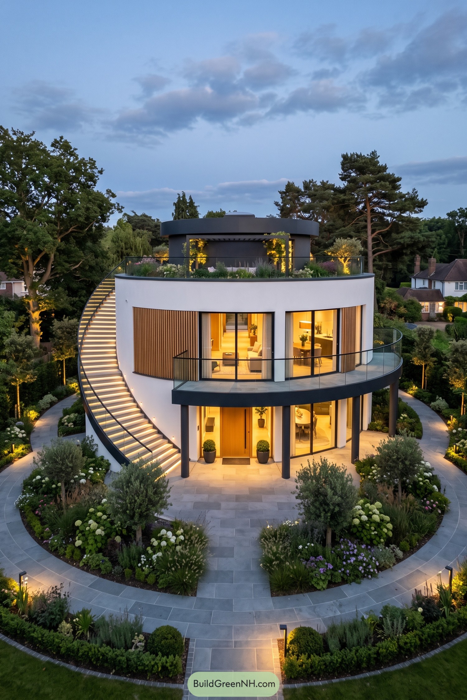 Three-story round house with curved balcony and exterior staircase