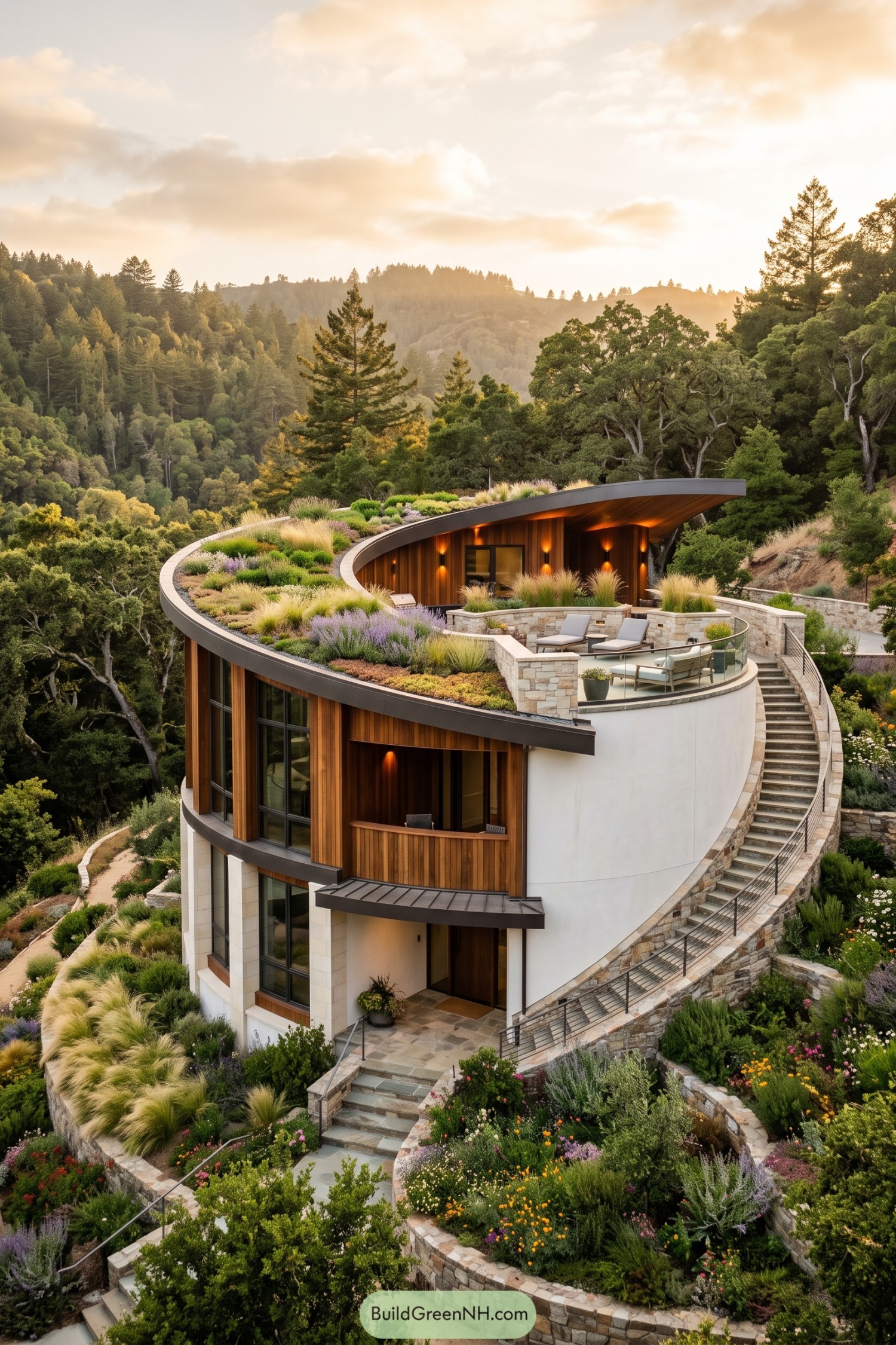 Curving hillside home with a planted roof terrace