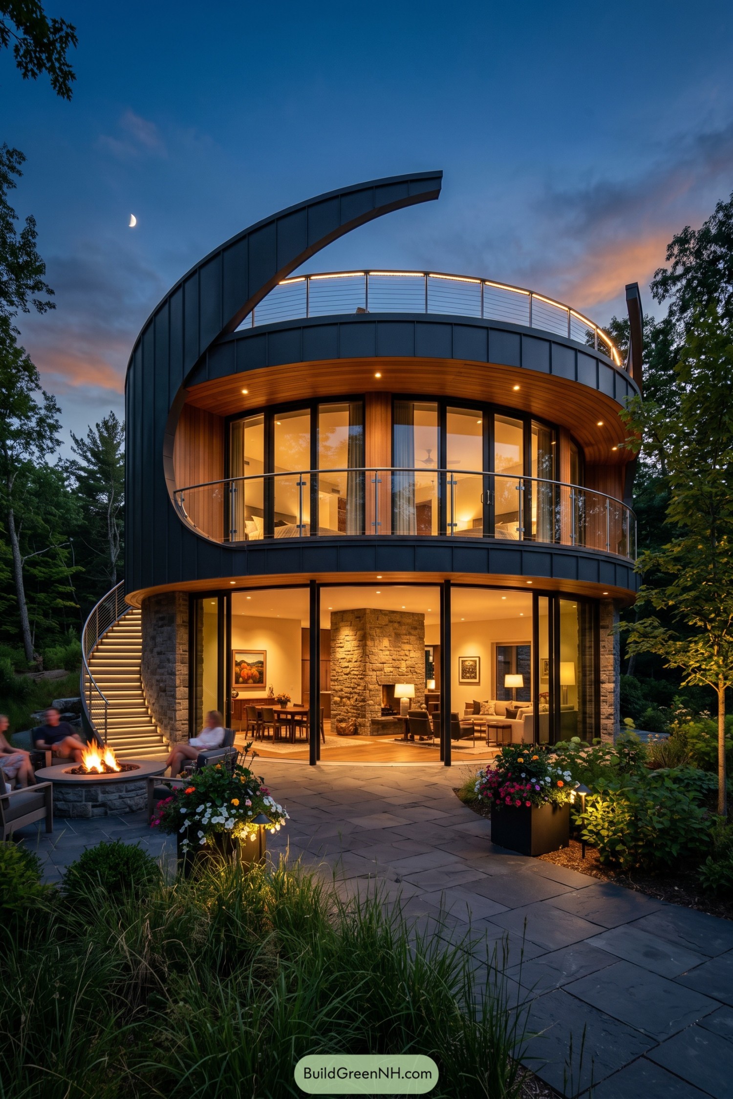 Curved two-story woodland home with a sweeping roof fin