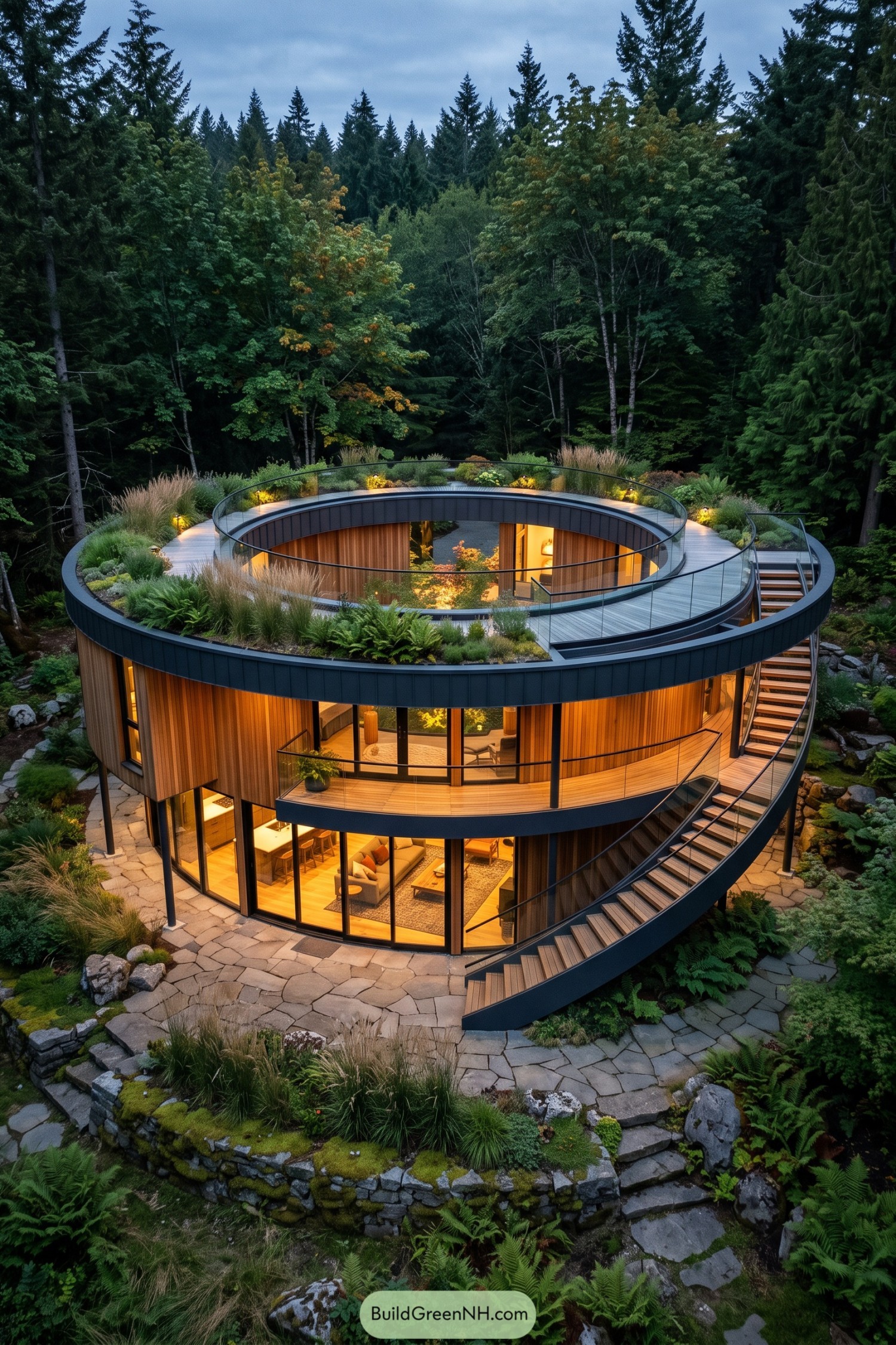 Circular timber home with rooftop garden and curved stair in a forest