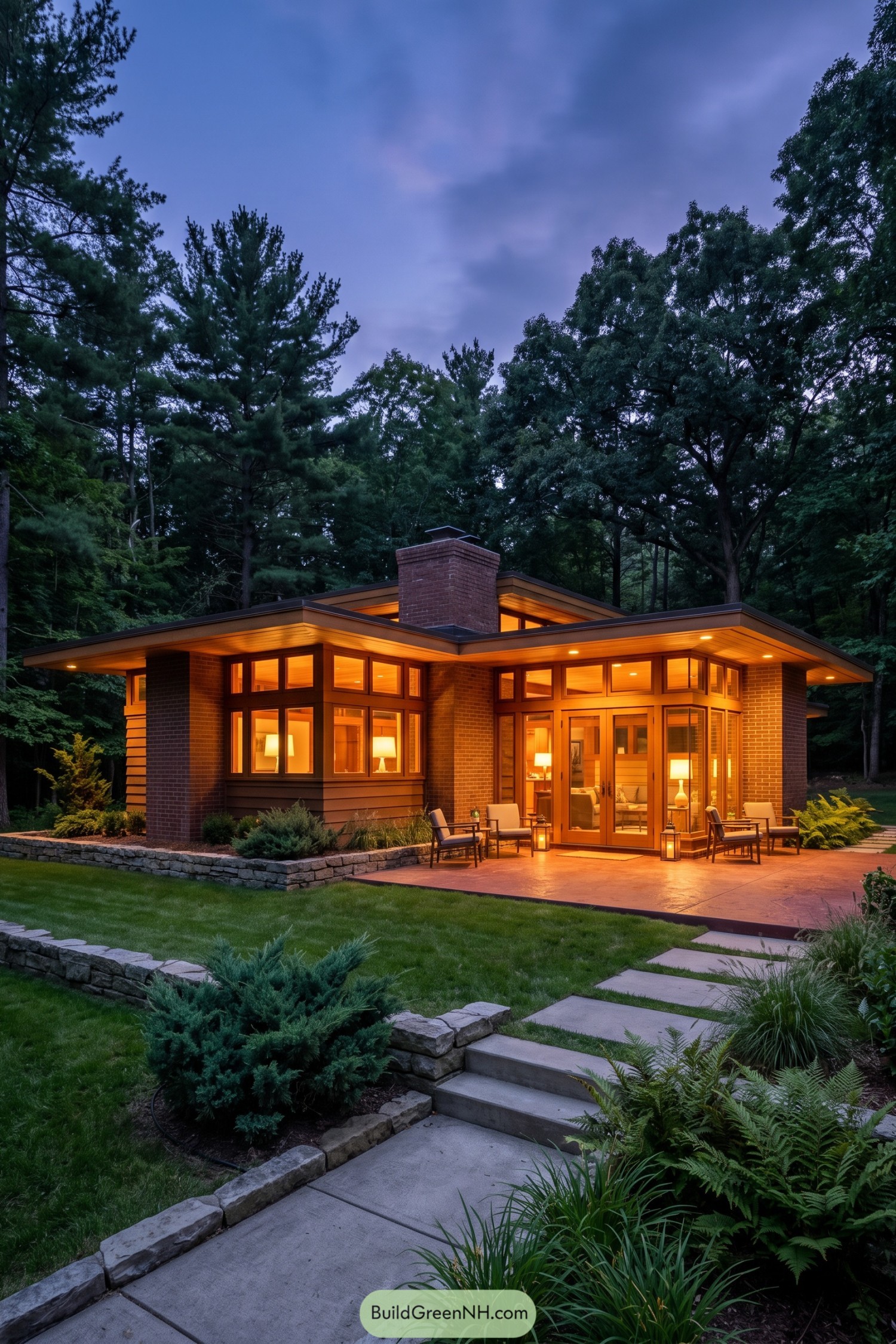 Brick Usonian home with broad eaves in a wooded garden at dusk