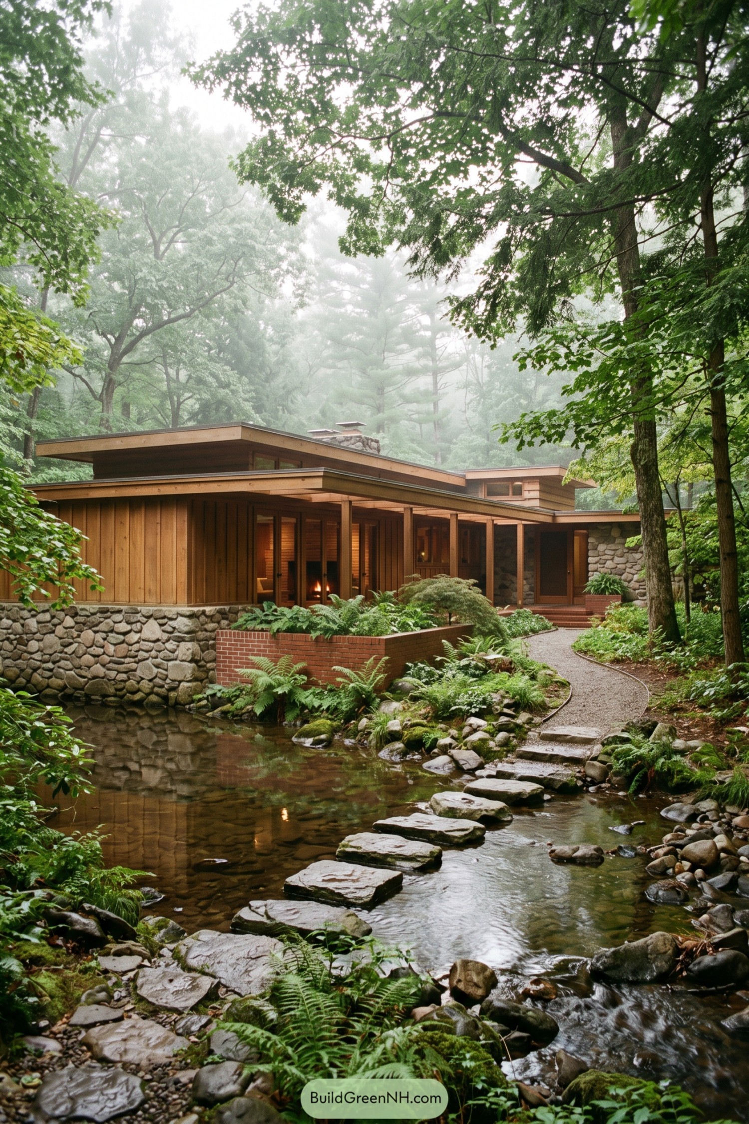 Timber Usonian home beside a forest stream