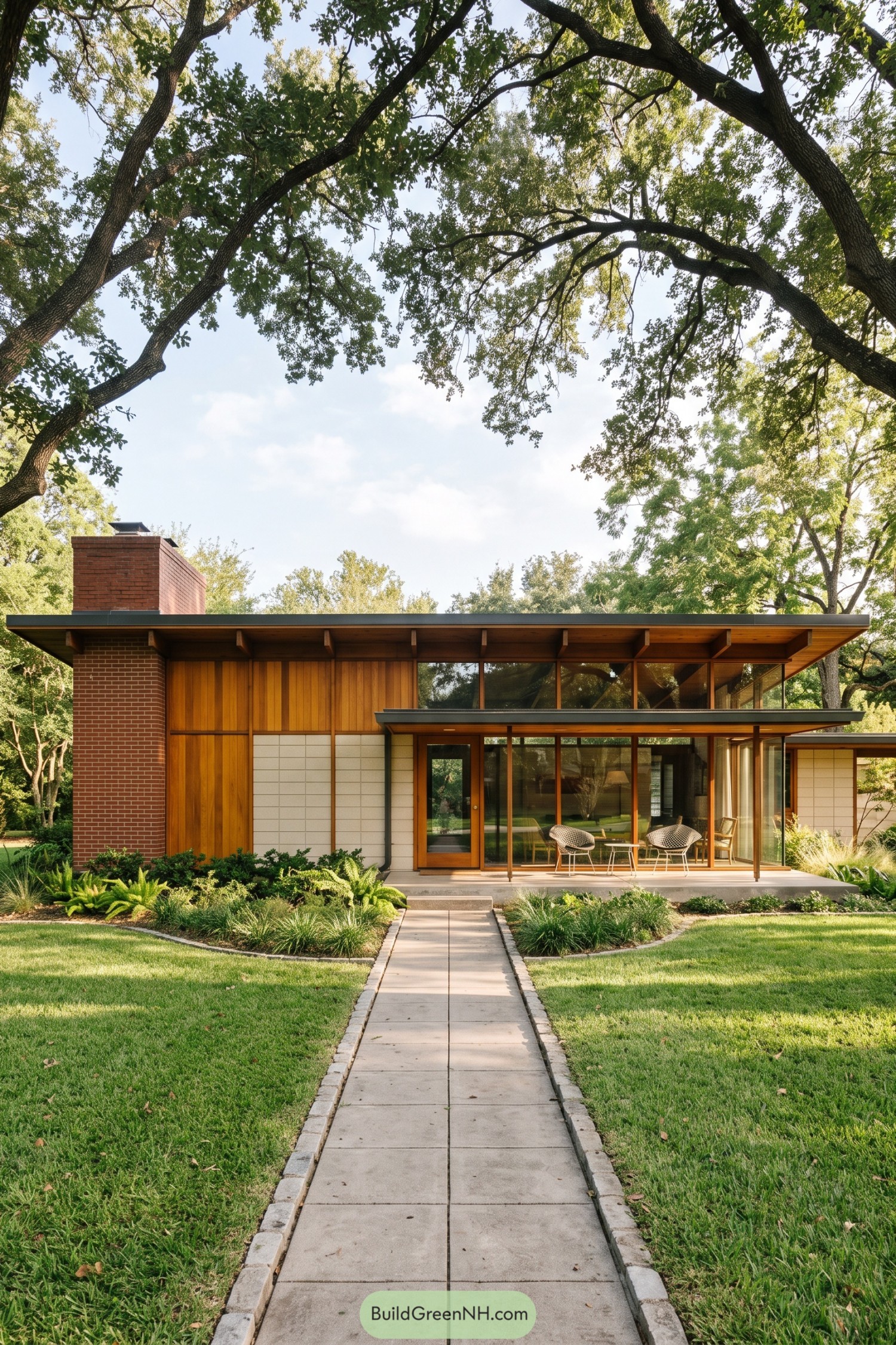 Low brick and timber Usonian home beneath mature oak trees