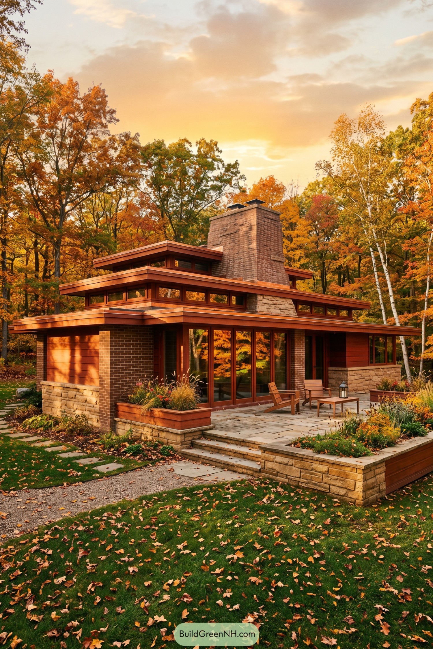 Usonian house with brick chimney and autumn woods