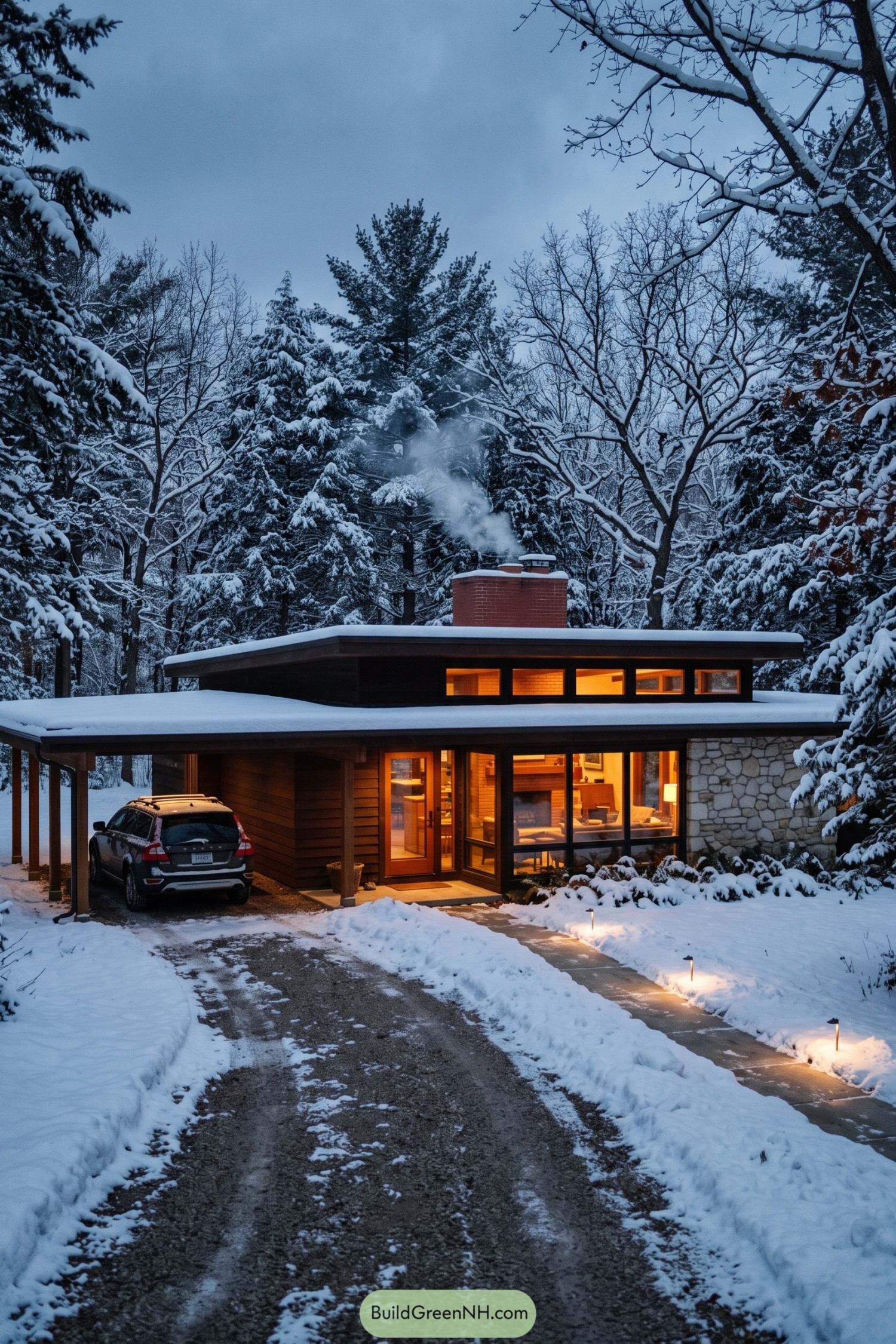 Snow-covered Usonian home glowing in a wooded setting