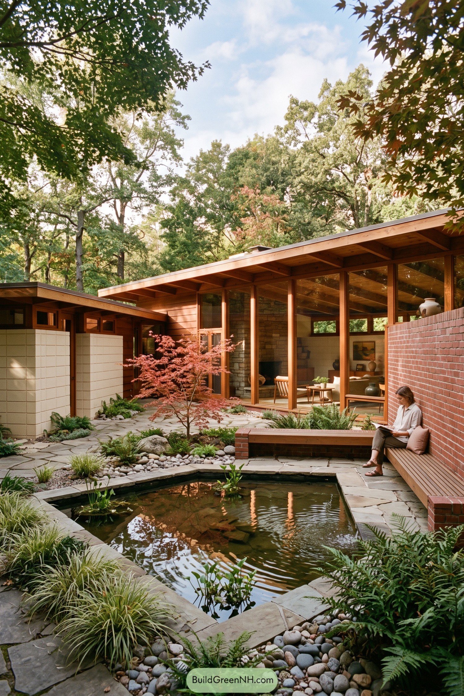 Wood framed Usonian home with a brick bench and courtyard pond
