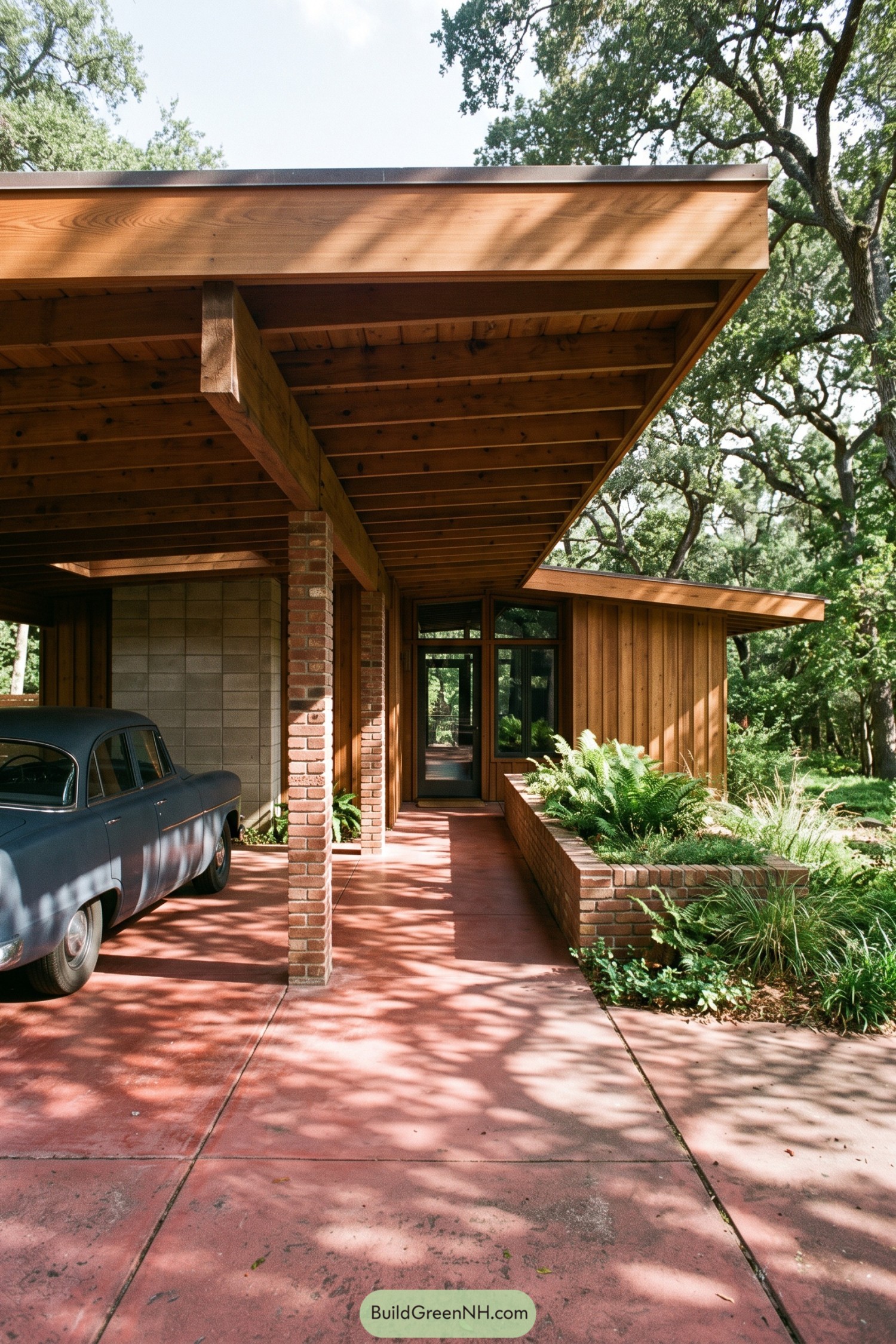 Wood clad Usonian house with brick carport and fern planter