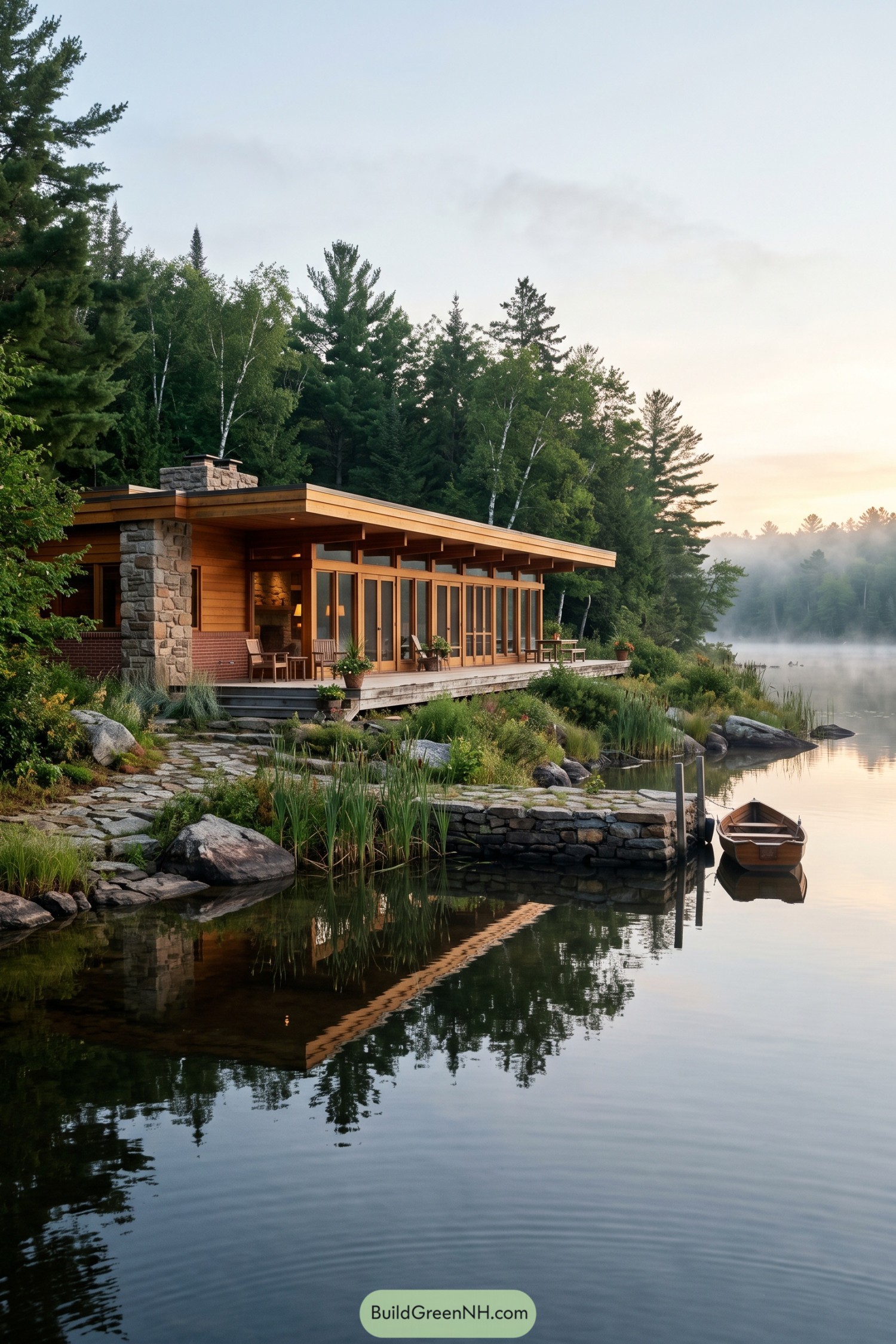 Low timber home with stone chimney beside a misty lake