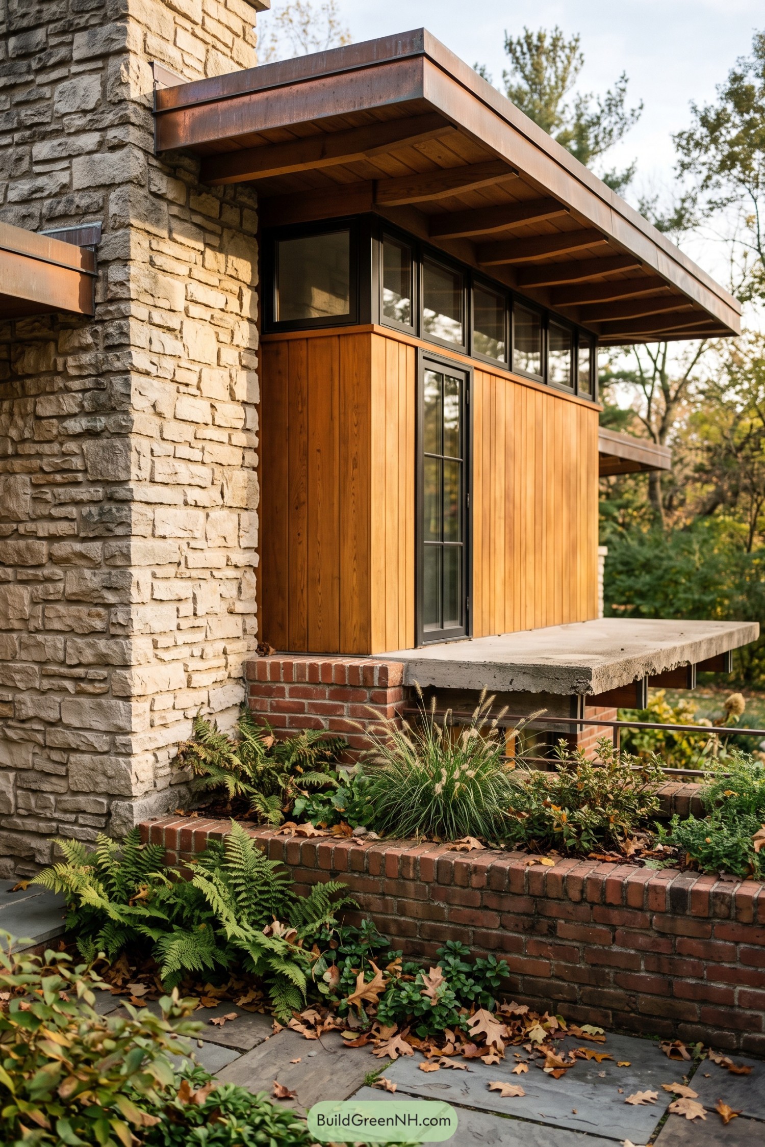Stone chimney and cedar clad Usonian exterior with broad roof overhangs