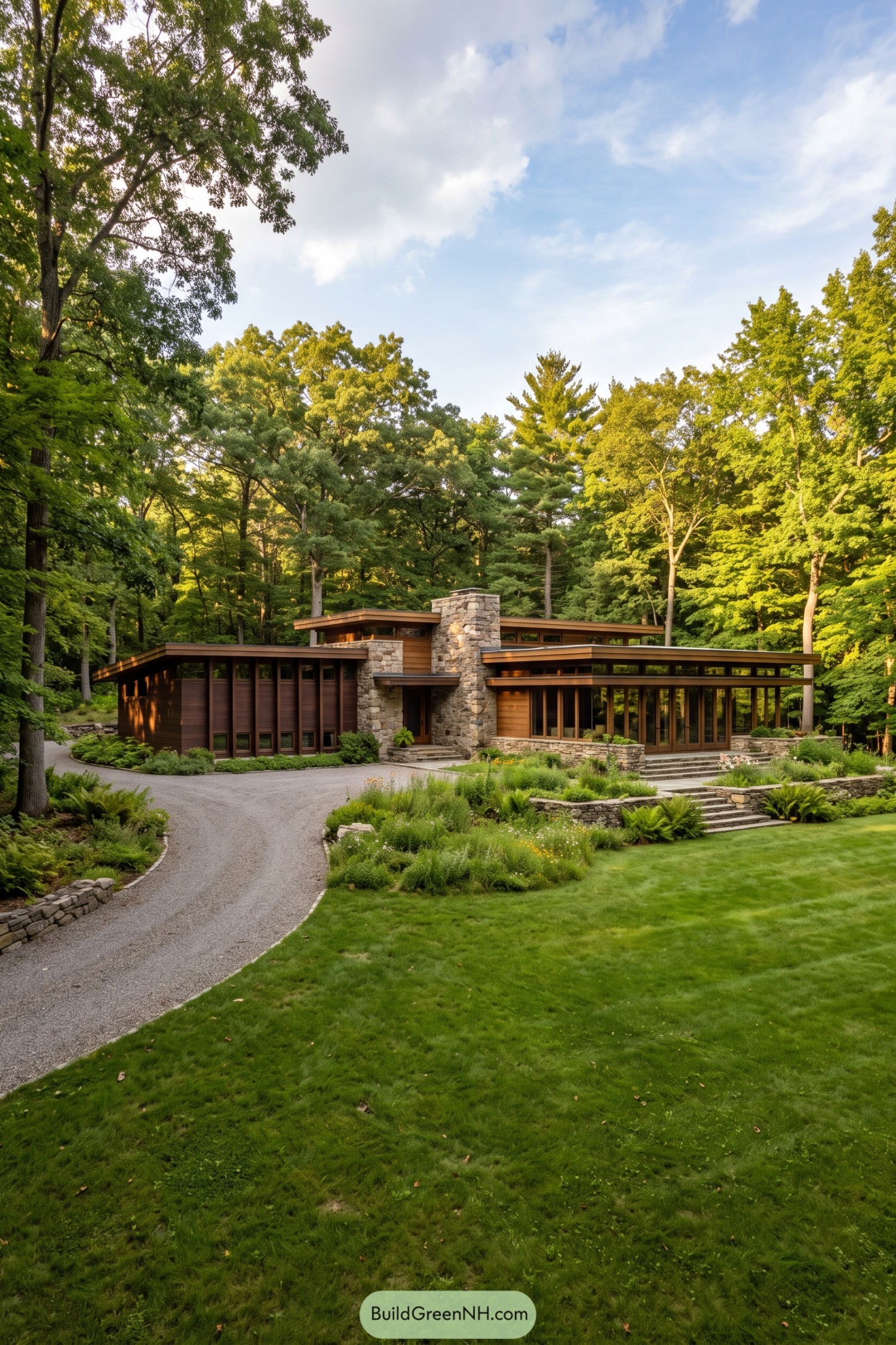 Wood and stone Usonian home nestled in mature forest