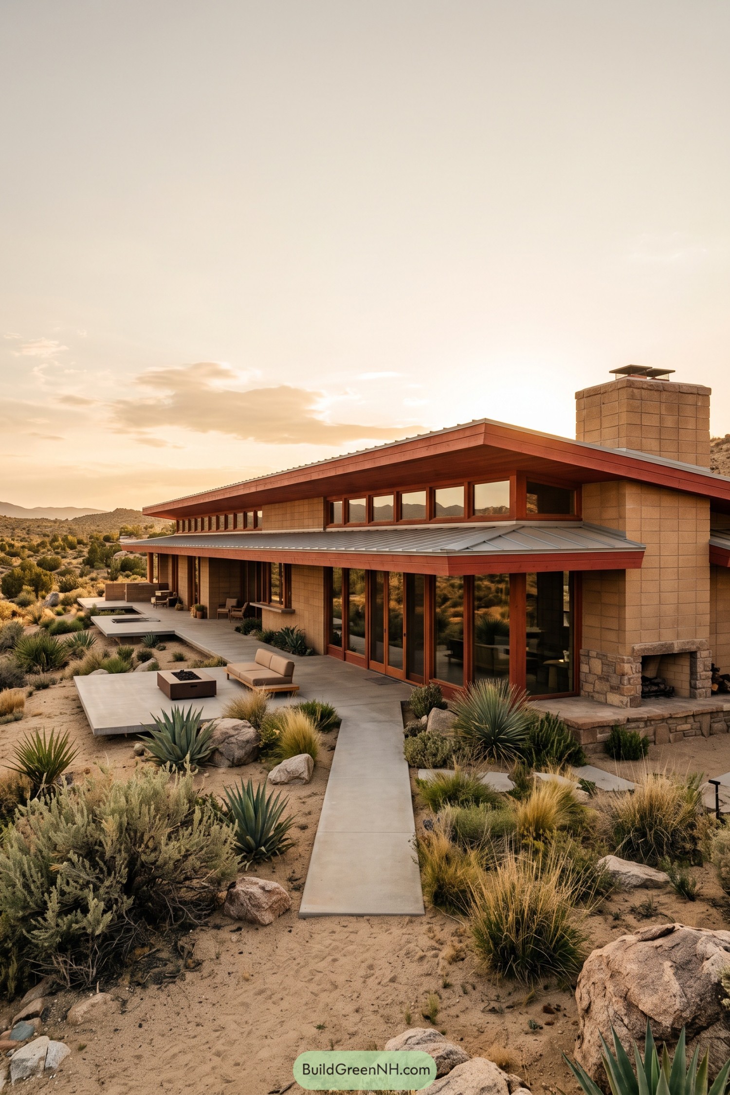 Low slung desert house with broad eaves