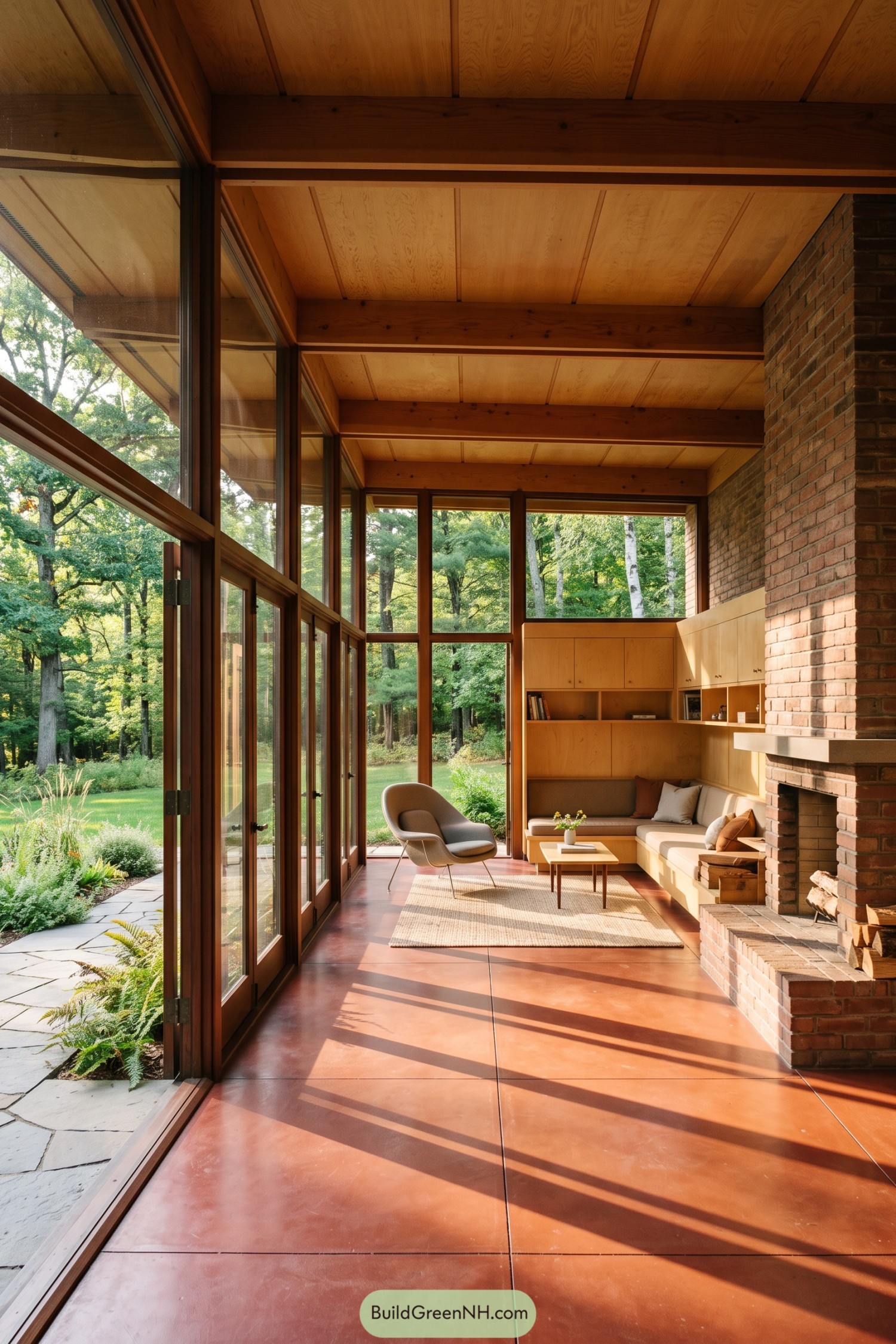 Sunlit Usonian living room with brick fireplace and garden glazing