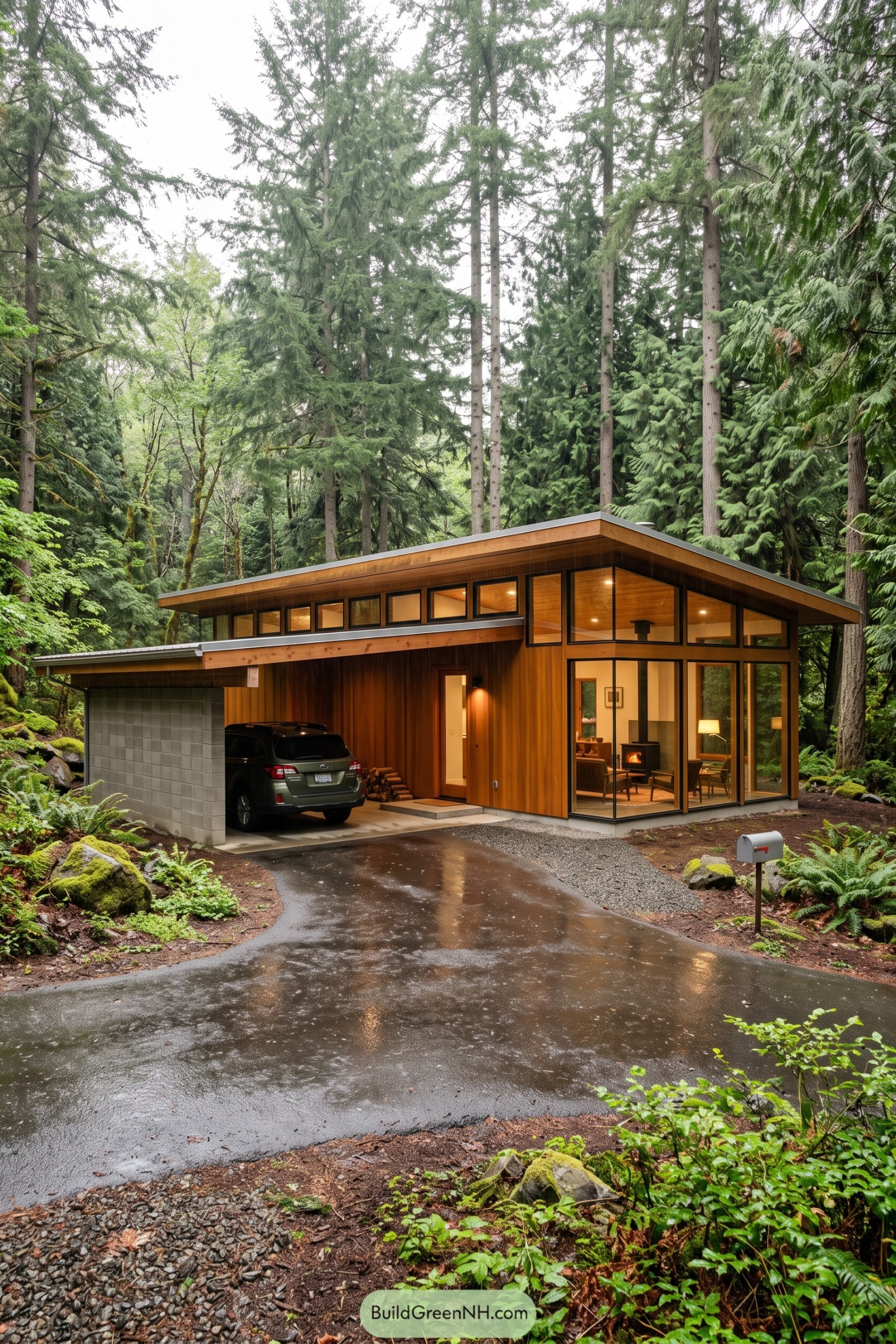 Wood clad Usonian house beneath towering evergreens
